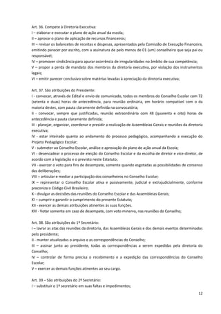12
Art. 36. Compete à Diretoria Executiva:
I – elaborar e executar o plano de ação anual da escola;
II – aprovar o plano de aplicação de recursos financeiros;
III – revisar os balancetes de receitas e despesas, apresentados pela Comissão de Execução Financeira,
emitindo parecer por escrito, com a assinatura de pelo menos de 01 (um) conselheiro que seja pai ou
responsável;
IV – promover sindicância para apurar ocorrência de irregularidades no âmbito de sua competência;
V – propor a perda de mandato dos membros da diretoria executiva, por violação dos instrumentos
legais;
VI – emitir parecer conclusivo sobre matérias levadas à apreciação da diretoria executiva;
Art. 37. São atribuições do Presidente:
I - convocar, através de Edital e envio de comunicado, todos os membros do Conselho Escolar com 72
(setenta e duas) horas de antecedência, para reunião ordinária, em horário compatível com o da
maioria destes, com pauta claramente definida na convocatória;
II - convocar, sempre que justificadas, reunião extraordinária com 48 (quarenta e oito) horas de
antecedência e pauta claramente definida;
III - planejar, organizar, coordenar e presidir a realização de Assembleias Gerais e reuniões da diretoria
executiva;
IV - estar inteirado quanto ao andamento do processo pedagógico, acompanhando a execução do
Projeto Pedagógico Escolar;
V - submeter ao Conselho Escolar, análise e aprovação do plano de ação anual da Escola;
VI - desencadear o processo de eleição do Conselho Escolar e da escolha de diretor e vice-diretor, de
acordo com a legislação e o previsto neste Estatuto;
VII - exercer o voto para fins de desempate, somente quando esgotadas as possibilidades de consenso
das deliberações;
VIII – articular e mediar a participação dos conselheiros no Conselho Escolar;
IX – representar o Conselho Escolar ativa e passivamente, judicial e extrajudicialmente, conforme
preconiza o Código Civil Brasileiro;
X - divulgar as decisões das reuniões do Conselho Escolar e das Assembleias Gerais;
XI – cumprir e garantir o cumprimento do presente Estatuto;
XII - exercer as demais atribuições atinentes às suas funções.
XIII - Votar somente em caso de desempate, com voto minerva, nas reuniões do Conselho;
Art. 38. São atribuições do 1º Secretário:
I – lavrar as atas das reuniões da diretoria, das Assembleias Gerais e dos demais eventos determinados
pelo presidente;
II - manter atualizados o arquivo e as correspondências do Conselho;
III – assinar junto ao presidente, todas as correspondências a serem expedidas pela diretoria do
Conselho;
IV – controlar de forma precisa o recebimento e a expedição das correspondências do Conselho
Escolar;
V – exercer as demais funções atinentes ao seu cargo.
Art. 39 – São atribuições do 2º Secretário:
I – substituir o 1º secretário em suas faltas e impedimentos;
 