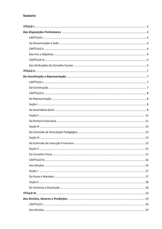 Sumário
TÍTULO I .....................................................................................................................................................4
Das Disposições Preliminares .................................................................................................................4
CAPÍTULO I..........................................................................................................................................4
Da Denominação e Sede ....................................................................................................................4
CAPÍTULO II.........................................................................................................................................4
Dos Fins e Objetivos ...........................................................................................................................4
CAPÍTULO III........................................................................................................................................5
Das Atribuições do Conselho Escolar.................................................................................................5
TÍTULO II....................................................................................................................................................7
Da Constituição e Representação ..........................................................................................................7
CAPÍTULO I..........................................................................................................................................7
Da Constituição ..................................................................................................................................7
CAPÍTULO II.........................................................................................................................................8
Da Representação ..............................................................................................................................8
Seção I ................................................................................................................................................8
Da Assembleia Geral ..........................................................................................................................8
Seção II .............................................................................................................................................11
Da Diretoria Executiva......................................................................................................................11
Seção III ............................................................................................................................................13
Da Comissão de Articulação Pedagógica..........................................................................................13
Seção IV............................................................................................................................................13
Da Comissão de Execução Financeira ..............................................................................................13
Seção V.............................................................................................................................................15
Do Conselho Fiscal............................................................................................................................15
CAPÍTULO III......................................................................................................................................16
Das Eleições......................................................................................................................................16
Seção I ..............................................................................................................................................17
Da Posse e Mandato.........................................................................................................................17
Seção II .............................................................................................................................................18
Da Vacância e Dissolução.................................................................................................................18
TÍTULO III.................................................................................................................................................19
Dos Direitos, Deveres e Proibições.......................................................................................................19
CAPÍTULO I........................................................................................................................................19
Dos Direitos......................................................................................................................................19
 