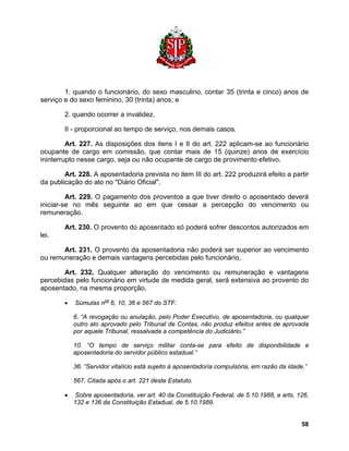 1. quando o funcionário, do sexo masculino, contar 35 (trinta e cinco) anos de serviço e do sexo feminino, 30 (trinta) anos; e 
2. quando ocorrer a invalidez. 
II - proporcional ao tempo de serviço, nos demais casos. 
Art. 227. As disposições dos itens I e II do art. 222 aplicam-se ao funcionário ocupante de cargo em comissão, que contar mais de 15 (quinze) anos de exercício ininterrupto nesse cargo, seja ou não ocupante de cargo de provimento efetivo. 
Art. 228. A aposentadoria prevista no item III do art. 222 produzirá efeito a partir da publicação do ato no "Diário Oficial". 
Art. 229. O pagamento dos proventos a que tiver direito o aposentado deverá iniciar-se no mês seguinte ao em que cessar a percepção do vencimento ou remuneração. 
Art. 230. O provento do aposentado só poderá sofrer descontos autorizados em lei. 
Art. 231. O provento da aposentadoria não poderá ser superior ao vencimento ou remuneração e demais vantagens percebidas pelo funcionário. 
Art. 232. Qualquer alteração do vencimento ou remuneração e vantagens percebidas pelo funcionário em virtude de medida geral, será extensiva ao provento do aposentado, na mesma proporção. 
• Súmulas nos 6, 10, 36 e 567 do STF: 
6. “A revogação ou anulação, pelo Poder Executivo, de aposentadoria, ou qualquer outro ato aprovado pelo Tribunal de Contas, não produz efeitos antes de aprovada por aquele Tribunal, ressalvada a competência do Judiciário.” 
10. “O tempo de serviço militar conta-se para efeito de disponibilidade e aposentadoria do servidor público estadual.” 
36. “Servidor vitalício está sujeito à aposentadoria compulsória, em razão da idade.” 
567. Citada após o art. 221 deste Estatuto. 
• Sobre aposentadoria, ver art. 40 da Constituição Federal, de 5.10.1988, e arts. 126, 132 e 136 da Constituição Estadual, de 5.10.1989. 
58 
 