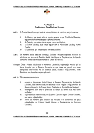Estatuto do Grande Conselho Estadual da Ordem DeMolay da Paraíba – GCE-PB
11
Estatuto do Grande Conselho Estadual da Ordem DeMolay da Paraíba – GCE-PB
CAPÍTULO III
Dos Membros, Seus Direitos e Deveres
Art. 8. O Grande Conselho compor-se-á de número ilimitado de membros, exigindo-se que:
I. Se Maçom, que esteja ativo e regular perante a sua Obediência Maçônica,
regularmente reconhecida pelo Supremo Conselho;
II. Se DeMolay, que esteja ativo e regular com o seu Capítulo;
III. Se Sênior DeMolay, que esteja regular com a Associação DeMolay Alumni
Paraíba;
IV. Se Escudeiro, que esteja regular com o seu Castelo.
Art. 9. Os membros serão todos os DeMolays, Seniores e Maçons regulares, iniciados ou
admitidos nos termos do Estatuto Social, das Regras e Regulamentos do Grande
Conselho, dentro dos limites territoriais do Estado da Paraíba.
Parágrafo Único - Perderá a qualidade de membro o Capítulo ou Organização Afiliada que se
tornar irregular com o Supremo Conselho ou que deixar de cumprir com suas
obrigações estabelecidas no seu Estatuto Social, Regras e Regulamentos, neste
Estatuto e nos dispositivos legais aplicáveis.
Art. 10. São deveres dos membros:
I. cumprir as disposições deste Estatuto e Regras e Regulamentos do Grande
Conselho, das determinadas pelo Estatuto Social, Regras e Regulamentos do
Supremo Conselho, do Grande Mestre Estadual e do Grande Mestre Nacional;
II. desempenhar com amor e probidade os cargos ou tarefas que lhes forem
confiados;
III. pagar as taxas estabelecidas pelo Supremo Conselho e pelo Grande Conselho,
nos prazos estabelecidos;
IV. admitir os membros pelo processo de iniciação e de conferência de graus
estabelecidos no Estatuto Social, Regras e Regulamentos do Supremo
Conselho;
 