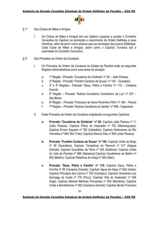 Estatuto do Grande Conselho Estadual da Ordem DeMolay da Paraíba – GCE-PB
39
Estatuto do Grande Conselho Estadual da Ordem DeMolay da Paraíba – GCE-PB
§ 1º Dos Clubes de Mães e Amigos.
I. Os Clubes de Mães e Amigos tem por objetivo cooperar e auxiliar o Conselho
Consultivo do Capítulo na promoção e crescimento da Ordem DeMolay e seus
membros, além de servir como alicerce para as atividades dos jovens DeMolays.
Cada Clube de Mães e Amigos, assim como o Capítulo, funciona sob a
autoridade do Conselho Consultivo.
§ 2º Dos Priorados da Ordem da Cavalaria.
I. Os Priorados da Ordem da Cavalaria do Estado da Paraíba terão as seguintes
Regiões Administrativas como suas áreas de atuação:
a. 1ª Região - Priorado “Cavaleiros do Ocidente” nº 05 – João Pessoa;
b. 2ª Região - Priorado “Franklin Cardoso de Sousa” nº 145 – Guarabira
c. 3ª e 4ª Regiões - Priorado “Deus, Pátria e Família” nº 110 – Campina
Grande
d. 5ª Região – Priorado “Nobres Cavaleiros Condutores da Luz” nº 037 –
São Bento
e. 6ª Região – Priorado “Francisco de Assis Florentino Filho” nº 166 – Piancó
f. 7ª Região – Priorado “Nobres Cavaleiros do Sertão” nº 098 - Cajazeiras
II. Estes Priorados da Ordem da Cavalaria englobarão os seguintes Capítulos:
a. Priorado “Cavaleiros do Ocidente” nº 05: Capítulo João Pessoa nº 11
(João Pessoa); Capítulo Filhos do Imperador nº 752 (Mamanguape);
Capítulo Ernani Siqueira nº 762 (Cabedelo); Capítulo Defensores do Rio
Vermelho nº 884 (Rio Tinto); Capítulo Branca Dias nº 800 (João Pessoa).
b. Priorado “Franklin Cardoso de Sousa” nº 145: Capítulo União do Brejo
nº 39 (Guarabira); Capítulo Templários do Piemont nº 517 (Alagoa
Grande); Capítulo Guardiões da Fênix nº 625 (Solânea); Capítulo União
do Vale do Paraíba nº 686 (Itabaiana);Capítulo Cavalheiros de Belém nº
802 (Belém); Capítulo Paladinos do Araçá nº 953 (Mari).
c. Priorado “Deus, Pátria e Família” nº 110: Capítulo Deus, Pátria e
Família nº 08 (Campina Grande); Capítulo Águia de Haya nº 624 (Areia);
Capítulo Príncipes dos Cariris nº 750 (Camalaú); Capítulo Venerável Luiz
Gonzaga da Costa nº 770 (Picuí); Capítulo Villa do Imperador nº 934
(Ingá); Capítulo Manoel Martinez Fernandez nº 950 (Monteiro); Capítulo
União e Beneficência nº 963 (Campina Grande); Capítulo Bento Francisco
 