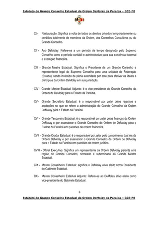 Estatuto do Grande Conselho Estadual da Ordem DeMolay da Paraíba – GCE-PB
6
Estatuto do Grande Conselho Estadual da Ordem DeMolay da Paraíba – GCE-PB
XI - Restauração: Significa a volta de todos os direitos privados temporariamente ou
perdidos totalmente de membros da Ordem, dos Conselhos Consultivos ou do
Grande Conselho.
XII - Ano DeMolay: Refere-se a um período de tempo designado pelo Supremo
Conselho como o período contábil e administrativo para sua existência fraternal
e execução financeira.
XIII - Grande Mestre Estadual: Significa o Presidente de um Grande Conselho e
representante legal do Supremo Conselho para uma unidade da Federação
(Estado), sendo investido de plena autoridade por este para efetivar os ideais e
princípios da Ordem DeMolay em sua jurisdição.
XIV - Grande Mestre Estadual Adjunto: é o vice-presidente do Grande Conselho da
Ordem de DeMolay para o Estado da Paraíba.
XV - Grande Secretário Estadual: é o responsável por zelar pelos registros e
anotações no que se refere a administração do Grande Conselho da Ordem
DeMolay para o Estado da Paraíba.
XVI - Grande Tesoureiro Estadual: é o responsável por zelar pelas finanças da Ordem
DeMolay e por assessorar o Grande Conselho da Ordem de DeMolay para o
Estado da Paraíba em questões de ordem financeira.
XVII - Grande Orador Estadual: é o responsável por zelar pelo cumprimento das leis da
Ordem DeMolay e por assessorar o Grande Conselho da Ordem de DeMolay
para o Estado da Paraíba em questões de ordem jurídica.
XVIII - Oficial Executivo: Significa um representante da Ordem DeMolay perante uma
região do Grande Conselho, nomeado e subordinado ao Grande Mestre
Estadual.
XIX - Mestre Conselheiro Estadual: significa o DeMolay ativo eleito como Presidente
do Gabinete Estadual.
XX - Mestre Conselheiro Estadual Adjunto: Refere-se ao DeMolay ativo eleito como
vice-presidente do Gabinete Estadual.
 