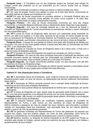 Parágrafo único – É Facultativo que um dos Suplentes poderá ser indicado pela direção do
Colégio, sendo eles professor (a) ou um funcionário (a) em comum acordo com as chapas
concorrentes.
Art. 53º Será considerada vencedora a chapa que obtiver a maioria simples dos votos;
§1º. Em caso de empate, haverá nova eleição no prazo de 8 (oito) dias letivos, concorrendo ao
novo pleito apenas às chapas que empataram em votos;
Art.54º Em caso de fraude comprovada no processo eleitoral, a Comissão Eleitoral dará por
anulado o referido pleito, marcando novas eleições em prazo nunca superior a 10 (dez) dias,
concorrendo ao pleito todas as chapas anteriormente inscritas;
Parágrafo Primeiro - Em caso de fraude comprovada promovida por uma das chapas
concorrentes, a Comissão Eleitoral deliberará sobre o afastamento desta chapa das novas eleições.
Parágrafo Segundo - Em caso da comissão eleitoral ser o foco da denúncia de fraude o
Conselho de Representantes de Turmas encaminhara as providencias cabíveis a serem ratificadas
em nova assembleia geral.
Art. 55º A posse do Corpo de Dirigentes eleito dar-se-á com solenidade desta Instituição de
Ensino, em data nuca superior a 10 dias úteis, devendo tal ato constar em termo lançado em ata,
com as assinaturas do Presidente da Comissão Eleitoral, do Presidente que transmite o cargo, do
Presidente empossado, que firmarão o documento em seu nome e de todo o Corpo de Dirigentes.
Parágrafo Único – A posse da nova gestão do Grêmio será dada pelo Presidente da Gestão que
se encerra. Em caso de não haver gestão anterior a posse será feita pelo (a) Coordenador (a) Geral
do CRT, e em Assembleia Geral.
Art. 56º A duração do mandato do Corpo de Dirigentes eleita é de 2 (dois) anos, e finda com a
posse do Corpo de dirigentes seguinte.
Art. 57º O mandato do Corpo de Dirigentes não poderá ser ampliado por nenhum motivo.
Parágrafo Primeiro – Em caso de não haver condições reais para a realização das eleições, uma
comissão provisória deverá ser indicada para dar continuidade aos trabalhos até que as novas
eleições sejam convocadas. Esta comissão poderá ser a Comissão Pró-Grêmio.
Parágrafo Segundo - As chapas concorrentes poderão contar, em seus quadros, com até 50%
de membros do Corpo de Dirigentes antigo.
Parágrafo Terceiro - A composição da Direção do Grêmio deverá respeitar a diversidade sexual
com a reserva de 30% de seus cargos para inclusão feminista (Meninas).
Capítulo VI - Das disposições Gerais e Transitórias.
Art. 58º A Assembleia Geral dos Estudantes, como instância máxima de deliberação do Grêmio
Estudantil podem julgar, em grau de recurso, as deliberações das demais instâncias intermediárias
deste Grêmio.
Art. 59º A dissolução do Grêmio somente ocorrerá com a extinção desta Instituição de Ensino,
revertendo-se seus bens para entidades filantrópicas.
Art. 60º Nenhum sócio poderá intitular-se representante do Grêmio sem a autorização, por escrito
do Presidente.
Art. 61º O Corpo de Dirigentes em vigor, desde antes da aprovação deste Estatuto, tem o prazo
de 01 (um) mês para regularizar a sua atuação de acordo com as novas disposições estatutárias.
Parágrafo único - Não haverá, em razão da aprovação deste estatuto, diminuição ou prorrogação
de mandato do atual Corpo de Dirigentes.
Art. 62º O presente Estatuto poderá ser modificado mediante proposta do Conselho de
Representantes de Turma, e pelo menos um dos membros do Corpo de Dirigentes do
Grêmio mediante a assinatura de mais da metade dos seus membros, para discussão e posterior
votação em Assembleia Geral dos Estudantes, cuja aprovação deve ser por maioria absoluta,
exigido o quórum de 10% de estudantes presentes.
Art. 63º As garantias conferidas aos Representantes de Turma não pertencem às pessoas que
ocupam tais cargos, mas aos próprios cargos, em nome de toda coletividade, como forma de
assegurar a independência e a tranquilidade necessárias para o exercício destas funções.
Art. 64º Nenhum membro, ou dirigente do Grêmio Estudantil ou do CRT poderá ser Punido ou
advertido pela direção do Colégio, quando estiver em exercício de suas atividades ou em defesa e
questionamento de seus direitos.
 