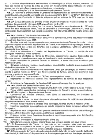 VI. Convocar Assembleia Geral Extraordinária por deliberação da maioria absoluta, de 50%+1 do
Total dos líderes de Turmas de todos os turnos em funcionamento desta Instituição de Ensino,
sempre que ocorrerem fatos graves e urgentes de sua competência.
VII. Demais atribuições que lhe foram conferidas pelo presente Estatuto.
Art. 22º Reunir-se-á ordinariamente o Conselho de Representantes de Turma bimestralmente e,
extraordinariamente, quando convocado pela Coordenação Geral do CRT, por 50%+1 dos líderes de
Turmas e ou pelo Presidente do Grêmio, exigido o quórum mínimo de 50% mais um de seus
membros.
Art. 23º É pauta obrigatória da primeira reunião anual do Conselho de Representantes de Turma
a eleição, da organização interna do CRT, especificado no Art. 20º.
Parágrafo Único – As Coordenações dos turnos e Secretários especificados no Art. 20º serão
eleitos nos seus respectivos turnos, salvo os candidatos a Coordenação Geral do CRT, onde o(s)
candidato(s), deverão pleitear, sua eleição concorrendo nos três turnos, obtendo maioria simples dos
votos.
Art. 24º Compete a Coordenação Geral do CRT:
I. Deliberar dentro dos limites de suas atribuições e competência, sobre assuntos de interesses
homogêneos dos membros do CRT;
II. Receber e encaminhar para apuração com os representantes de Turmas denuncia, contra o
corpo de Dirigente do Grêmio, representante de Turma, e ou membro da organização interna do
Conselho, mesmo que o foco da denúncia seja a própria Coordenação Geral do Conselho de
Representante de Turmas.
III. Presidir e representar o Conselho de Representantes de Turmas, no âmbito de suas
atribuições referentes a todo o conselho;
IV. Apreciar as atividades do Corpo de Dirigentes, especialmente aquelas direcionadas aos
líderes de turmas, podendo convocar, para esclarecimentos, qualquer dos seus membros;
V. Propor alterações do presente Estatuto ao conselho, a serem discutidas e votadas pela
Assembleia Geral;
VI. Convocar e deliberar reuniões, manifestações, reivindicações mediante a aprovação de 50%
+1 dos Representantes de Turmas.
VII. Convocar reunião extraordinária da Assembleia Geral, por deliberação da maioria simples
exigida o quórum mínimo de 50%+1 dos Representantes de Turmas, sempre que ocorrerem fatos
graves e urgentes de sua competência;
Art. 25º Compete as Coordenações do CRT em seus respectivos turnos:
I. Representar os interesses coletivos dos Representantes de Turmas de seus respectivos
turnos;
II. Substituir o (a) Coordenador (a) Geral do CRT nas reuniões especifica de seu turno;
Art. 26º Compete aos Secretários de Turno do CRT:
I. Secretariar as reuniões do seu respectivo turno, bem como lavrar e assinar a Ata de reunião.
II. Tornar público as resoluções, decisões e convocações do Conselho em seu respectivo turno.
Art. 27º São funções do Representante de Turma:
I. Comparecer às reuniões ordinárias, bem como às extraordinárias, do Conselho de
Representantes de Turma;
II. Representar a turma, nos seus interesses e intermediando junto ás instâncias administrativas
e representativas desta Instituição de Ensino;
III. Procurar meios de cultivar a amizade entre os colegas, levando a turma a trabalhar unida;
IV. Incentivar os colegas menos aplicados ao estudo, cooperando dessa forma com a Supervisão
Pedagógica;
V. Representar seus colegas de turma perante a Diretoria e demais instâncias desta Instituição
de Ensino, a fim de transmitir seus anseios, problemas e sugestões;
VI. Entrar em contato com o Orientador de sua turma, sempre que necessário, a fim de informá-lo
das ocorrências a ela relativas;
VII. Apresentar proposições à Assembleia Geral e votá-las;
VIII. Defender em potencial todos os integrantes de sua turma de acordo com seus limites;
§1º. O Representante de Turma, no exercício do seu mandato, não pode ser punido
disciplinarmente por expressar as ideias do grupo que representa. Exceto em casos extremos de
desrespeito quando a direção deverá tomar as atitudes que julgar necessária;
§2º. O Representante de Turma não poderá ser destituído da função por determinação da Direção
desta Instituição de Ensino. O Representante de Turma apenas perderá esta função por: desistência
 