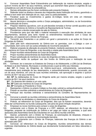 IV. Convocar Assembleia Geral Extraordinária por deliberação da maioria absoluta, exigida o
quórum mínimo de 50+1 de seus membros, sempre que ocorrerem fatos graves e urgentes de sua
competência com até 24 horas de antecedência;
V. Demais atribuições que lhe foram conferidas pelo presente Estatuto;
VI. Defender todos os direitos e deveres dos integrantes desta Instituição de Ensino, garantindo a
defesa e bom estar sem distinção de cor, raça, sexo ou particularidades;
VII. Fiscalizar quais os investimentos e gastos do Colégio, tendo em vista um interesse
informativo dos Estudantes;
VIII. Apurar denúncia e acusações contra o Corpo pedagógico, administrativo, ou de funcionários
desta Instituição de Ensino;
IX. Preparar relatórios apurativos, com as pré-decisões tomadas e formar comitê apurativo junto
ao Colegiado, Diretores do Grêmio e Conselho de Representante de Turmas;
X. Providenciar a devida conservação da sala do Grêmio;
XI. Providenciar para que não falte o material necessário à execução das atividades de seus
departamentos, devendo para tanto manter os entendimentos necessários com o Corpo de
Dirigentes, em especial com o Diretor de Finanças;
XII. Transmitir aos Estudantes e ao público em geral o pensamento e as ações do Corpo de
Dirigentes do Grêmio;
XIII. Zelar pelo bom relacionamento do Grêmio com os gremistas, com o Colégio e com a
comunidade, bem como com as outras entidades de movimento estudantil;
XIV. Elaborar proposta de alteração do presente Estatuto, mediante assinatura de mais da metade
dos membros do Corpo de Dirigentes, a ser discutida e votada pela Assembleia Geral;
XV. Propor reuniões extraordinárias do Corpo de Dirigentes;
XVI. Propor reuniões extraordinárias da Assembleia Geral;
XVII. Propor substituição de membros do corpo de dirigentes em falta ou afastados;
XVIII. Apresentar recibo de qualquer uso dos fundos do Grêmio para a realização de suas
atividades.
XIX. Conhecer, ter e executar os Estatutos da Criança e do Adolescente, a LDB (Lei de Diretrizes
de Base) e as leis Federais, Municipais e constitucionais a qual se refira seu interesse.
Art. 33º O Corpo de Dirigentes do Grêmio reunir-se-á, ordinariamente, semanalmente,
mensalmente para avaliação de seu desempenho, e extraordinariamente, quando convocado, por
um de seus membros, em uma de suas reuniões ordinárias, sob aprovação e exigindo o quórum
mínimo de 50+1 de seus membros.
Art. 34º As deliberações do Corpo de Dirigente serão por maioria simples, exigido o quórum
mínimo de 50+1 de seus membros.
§1º. Os diretores têm direitos a um voto cada.
Art. 35º Cabe aos membros do Corpo de Dirigentes:
Art. 36º Compete ao Presidente e Vices:
I. Representar o Grêmio no próprio Colégio ou fora dele, judicial ou extrajudicialmente;
II. Presidir as reuniões ordinárias e extraordinárias do Corpo de Dirigentes;
III. Participar das reuniões ordinárias e extraordinárias do Conselho de Representantes de
Turma;
IV. Convocar e presidir as reuniões ordinárias e extraordinárias da Assembleia Geral;
V. Acompanhar as atividades e o desempenho do Corpo de dirigente;
VI. Praticar, ad referendum do Corpo de Dirigentes, atos que se fizerem necessários, devendo
deles dar conhecimento na reunião subsequente, sob pena de grave infração disciplinar;
VII. Empossar os novos membros para compor o corpo de dirigentes;
VIII. Juntamente com o Diretor de Finanças e o CRT, elaborar, ad referendum do Corpo de
Dirigentes, proposta de contribuição do Grêmio a ser paga por todos os gremistas, a qual será
apreciada pela Assembleia Geral dos Estudantes em sua última reunião ordinária;
IX. Assinar, juntamente com o Diretor de Finanças, as autorizações de despesas, cheques e
balancetes, bem como os relativos à movimentação bancária;
X. Assinar, juntamente com o Diretor de Finanças, balancete das finanças do Grêmio a ser
apreciado pelo CRT;
XI. Convocar, ad referendum do Corpo de Dirigentes, reuniões extraordinárias das demais
instâncias intermediárias do Grêmio desde que devidamente fundamentado em fatos relevantes e
urgentes;
 