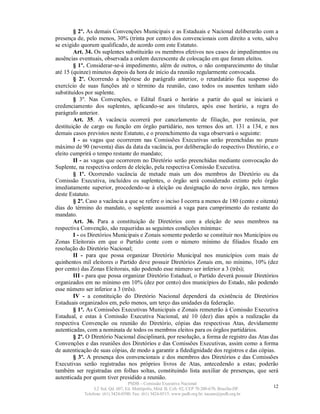 § 2º. As demais Convenções Municipais e as Estaduais e Nacional deliberarão com a
presença de, pelo menos, 30% (trinta por cento) dos convencionais com direito a voto, salvo
se exigido quorum qualificado, de acordo com este Estatuto.
        Art. 34. Os suplentes substituirão os membros efetivos nos casos de impedimentos ou
ausências eventuais, observada a ordem decrescente de colocação em que foram eleitos.
        § 1º. Considerar-se-á impedimento, além de outros, o não comparecimento do titular
até 15 (quinze) minutos depois da hora de início da reunião regularmente convocada.
        § 2º. Ocorrendo a hipótese do parágrafo anterior, o retardatário fica suspenso do
exercício de suas funções até o término da reunião, caso todos os ausentes tenham sido
substituídos por suplente.
        § 3º. Nas Convenções, o Edital fixará o horário a partir do qual se iniciará o
credenciamento dos suplentes, aplicando-se aos titulares, após esse horário, a regra do
parágrafo anterior.
        Art. 35. A vacância ocorrerá por cancelamento de filiação, por renúncia, por
destituição de cargo ou função em órgão partidário, nos termos dos art. 131 a 134, e nos
demais casos previstos neste Estatuto, e o preenchimento da vaga observará o seguinte:
        I - as vagas que ocorrerem nas Comissões Executivas serão preenchidas no prazo
máximo de 90 (noventa) dias da data da vacância, por deliberação do respectivo Diretório, e o
eleito cumprirá o tempo restante do mandato;
        II - as vagas que ocorrerem no Diretório serão preenchidas mediante convocação do
Suplente, na respectiva ordem de eleição, pela respectiva Comissão Executiva.
        § 1º. Ocorrendo vacância de metade mais um dos membros do Diretório ou da
Comissão Executiva, incluídos os suplentes, o órgão será considerado extinto pelo órgão
imediatamente superior, procedendo-se à eleição ou designação do novo órgão, nos termos
deste Estatuto.
        § 2º. Caso a vacância a que se refere o inciso I ocorra a menos de 180 (cento e oitenta)
dias do término do mandato, o suplente assumirá a vaga para cumprimento do restante do
mandato.
        Art. 36. Para a constituição de Diretórios com a eleição de seus membros na
respectiva Convenção, são requeridas as seguintes condições mínimas:
        I - os Diretórios Municipais e Zonais somente poderão se constituir nos Municípios ou
Zonas Eleitorais em que o Partido conte com o número mínimo de filiados fixado em
resolução do Diretório Nacional;
        II - para que possa organizar Diretório Municipal nos municípios com mais de
quinhentos mil eleitores o Partido deve possuir Diretórios Zonais em, no mínimo, 10% (dez
por cento) das Zonas Eleitorais, não podendo esse número ser inferior a 3 (três);
        III - para que possa organizar Diretório Estadual, o Partido deverá possuir Diretórios
organizados em no mínimo em 10% (dez por cento) dos municípios do Estado, não podendo
esse número ser inferior a 3 (três).
        IV - a constituição do Diretório Nacional dependerá da existência de Diretórios
Estaduais organizados em, pelo menos, um terço das unidades da federação.
        § 1º. As Comissões Executivas Municipais e Zonais remeterão à Comissão Executiva
Estadual, e estas à Comissão Executiva Nacional, até 10 (dez) dias após a realização da
respectiva Convenção ou reunião do Diretório, cópias das respectivas Atas, devidamente
autenticadas, com a nominata de todos os membros eleitos para os órgãos partidários.
        § 2º. O Diretório Nacional disciplinará, por resolução, a forma de registro das Atas das
Convenções e das reuniões dos Diretórios e das Comissões Executivas, assim como a forma
de autenticação de suas cópias, de modo a garantir a fidedignidade dos registros e das cópias.
        § 3º. A presença dos convencionais e dos membros dos Diretórios e das Comissões
Executivas serão registradas nos próprios livros de Atas, antecedendo a estas; poderão
também ser registradas em folhas soltas, constituindo lista auxiliar de presenças, que será
autenticada por quem tiver presidido a reunião.
                                   PSDB – Comissão Executiva Nacional
                 L2 Sul, Qd. 607, Ed. Metrópolis, Mód. B, Cob. 02, CEP 70.200-670, Brasília-DF.   12
            Telefone: (61) 3424-0500; Fax: (61) 3424-0515; www.psdb.org.br; tucano@psdb.org.br
 