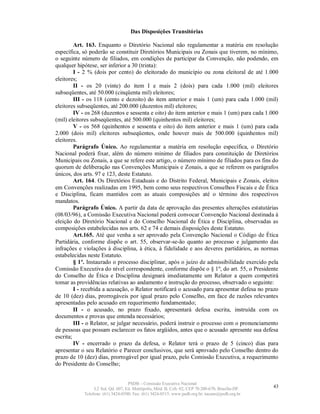 Das Disposições Transitórias

         Art. 163. Enquanto o Diretório Nacional não regulamentar a matéria em resolução
específica, só poderão se constituir Diretórios Municipais ou Zonais que tiverem, no mínimo,
o seguinte número de filiados, em condições de participar da Convenção, não podendo, em
qualquer hipótese, ser inferior a 30 (trinta):
         I - 2 % (dois por cento) do eleitorado do município ou zona eleitoral de até 1.000
eleitores;
         II - os 20 (vinte) do item I e mais 2 (dois) para cada 1.000 (mil) eleitores
subseqüentes, até 50.000 (cinqüenta mil) eleitores;
         III - os 118 (cento e dezoito) do item anterior e mais 1 (um) para cada 1.000 (mil)
eleitores subseqüentes, até 200.000 (duzentos mil) eleitores;
         IV - os 268 (duzentos e sessenta e oito) do item anterior e mais 1 (um) para cada 1.000
(mil) eleitores subseqüentes, até 500.000 (quinhentos mil) eleitores;
         V - os 568 (quinhentos e sessenta e oito) do item anterior e mais 1 (um) para cada
2.000 (dois mil) eleitores subseqüentes, onde houver mais de 500.000 (quinhentos mil)
eleitores.
         Parágrafo Único. Ao regulamentar a matéria em resolução específica, o Diretório
Nacional poderá fixar, além do número mínimo de filiados para constituição de Diretórios
Municipais ou Zonais, a que se refere este artigo, o número mínimo de filiados para os fins do
quorum de deliberação nas Convenções Municipais e Zonais, a que se referem os parágrafos
únicos, dos arts. 97 e 123, deste Estatuto.
         Art. 164. Os Diretórios Estaduais e do Distrito Federal, Municipais e Zonais, eleitos
em Convenções realizadas em 1995, bem como seus respectivos Conselhos Fiscais e de Ética
e Disciplina, ficam mantidos com as atuais composições até o término dos respectivos
mandatos.
         Parágrafo Único. A partir da data de aprovação das presentes alterações estatutárias
(08/03/96), a Comissão Executiva Nacional poderá convocar Convenção Nacional destinada à
eleição do Diretório Nacional e do Conselho Nacional de Ética e Disciplina, observadas as
composições estabelecidas nos arts. 62 e 74 e demais disposições deste Estatuto.
         Art.165. Até que venha a ser aprovado pela Convenção Nacional o Código de Ética
Partidária, conforme dispõe o art. 55, observar-se-ão quanto ao processo e julgamento das
infrações e violações à disciplina, à ética, à fidelidade e aos deveres partidários, as normas
estabelecidas neste Estatuto.
         § 1º. Instaurado o processo disciplinar, após o juízo de admissibilidade exercido pela
Comissão Executiva do nível correspondente, conforme dispõe o § 1º, do art. 55, o Presidente
do Conselho de Ética e Disciplina designará imediatamente um Relator a quem competirá
tomar as providências relativas ao andamento e instrução do processo, observado o seguinte:
         I - recebida a acusação, o Relator notificará o acusado para apresentar defesa no prazo
de 10 (dez) dias, prorrogáveis por igual prazo pelo Conselho, em face de razões relevantes
apresentadas pelo acusado em requerimento fundamentado;
         II - o acusado, no prazo fixado, apresentará defesa escrita, instruída com os
documentos e provas que entenda necessários;
         III - o Relator, se julgar necessário, poderá instruir o processo com o pronunciamento
de pessoas que possam esclarecer os fatos argüidos, antes que o acusado apresente sua defesa
escrita;
         IV - encerrado o prazo da defesa, o Relator terá o prazo de 5 (cinco) dias para
apresentar o seu Relatório e Parecer conclusivos, que será aprovado pelo Conselho dentro do
prazo de 10 (dez) dias, prorrogável por igual prazo, pelo Comissão Executiva, a requerimento
do Presidente do Conselho;


                                   PSDB – Comissão Executiva Nacional
                 L2 Sul, Qd. 607, Ed. Metrópolis, Mód. B, Cob. 02, CEP 70.200-670, Brasília-DF.   43
            Telefone: (61) 3424-0500; Fax: (61) 3424-0515; www.psdb.org.br; tucano@psdb.org.br
 