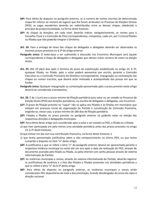 §4º: Para efeito do disposto no parágrafo anterior, se o número de nomes inscritos de determinada
    chapa for inferior ao número de lugares que lhe foram atribuídos no Processo de Eleições Diretas
    (PED), as vagas excedentes deverão ser redistribuídas entre as demais chapas, obedecido o
    princípio da proporcionalidade, na forma deste Estatuto.
§5º: As chapas às direções, em cada nível, deverão indicar, obrigatoriamente, os nomes para o
    Conselho Fiscal e a Comissão de Ética correspondentes, compostos, cada um, por 5 (cinco) filiados
    ou filiadas que não poderão integrar o Diretório.

Art. 24. Para a entrega de teses das chapas de delegados e delegadas deverão ser observados os
    mesmos prazos previstos no § 2º do artigo anterior.
Parágrafo único: O texto-base a ser submetido à discussão nos Encontros Municipais será aquele
    correspondente à chapa de delegados e delegadas que obtiver maior número de votos na eleição
    direta.

Art. 25. Até 10 (dez) dias após o término do prazo de substituição estabelecido no artigo 23, § 3º,
    qualquer filiado, ou filiada, apto a votar poderá apresentar por escrito, perante a Comissão
    Executiva ou a Comissão Provisória do Diretório correspondente, impugnação ou contestação das
    chapas ou nomes inscritos, que deverá estar motivada e acompanhada das provas em que se
    fundar.
Parágrafo único: Qualquer impugnação ou contestação apresentada após o prazo previsto neste artigo
    deverá ser considerada intempestiva.

Art. 26. É de 1 (um) ano o prazo mínimo de filiação partidária para votar ou ser votado no Processo de
     Eleição Direta (PED) das direções partidárias, na escolha de delegados e delegadas, nos Encontros.
§1º: O prazo de filiação previsto no “caput” não se aplica aos filiados e às filiadas em municípios que
     estejam em processo inicial de organização do Partido e constituição de Comissão Provisória,
     exigindo-se, nesse caso, o prazo mínimo de 180 dias de filiação partidária.
§2º: Filiados e filiadas no prazo previsto no parágrafo anterior só poderão votar na eleição das
     respectivas direções e delegações municipais.
§3º: Para efeito deste artigo será considerado apto a votar e ser votado no PED, o filiado ou a filiada:
a) que tiver participado em pelo menos uma atividade partidária antes dos prazos previstos no artigo
     23, § 2º deste Estatuto;
b) que estiver em dia com sua contribuição financeira, na forma deste Estatuto; e
c) que tenha apresentado justificativa sobre o não comparecimento no último PED, ou que tenha
     cumprido o disposto no item “a” deste artigo;
§4º: A justificativa a que se refere a letra “c” do parágrafo anterior deverá ser apresentada perante a
     respectiva instância municipal ou zonal até um ano após a data da realização do PED, através de
     documento assinado pelo filiado ou filiada, ou pela internet com senha pessoal através de sistema
     informatizado do Partido.
§5º: As instâncias municipais e zonais, através do sistema informatizado do Partido, deverão registrar
     as justificativas de ausência e a lista dos filiados e filiadas presentes nas atividades partidárias a
     que se refere a letra “a” do § 3º deste artigo.
§6º: Para efeito do disposto no parágrafo anterior, as instâncias municipais e zonais serão
     consideradas fiéis depositárias de toda a documentação, ficando desobrigadas do envio de cópia à
     direção nacional.



                                                                                                        12
 