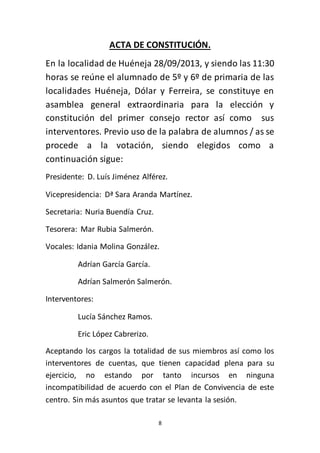 8
ACTA DE CONSTITUCIÓN.
En la localidad de Huéneja 28/09/2013, y siendo las 11:30
horas se reúne el alumnado de 5º y 6º de primaria de las
localidades Huéneja, Dólar y Ferreira, se constituye en
asamblea general extraordinaria para la elección y
constitución del primer consejo rector así como sus
interventores. Previo uso de la palabra de alumnos / as se
procede a la votación, siendo elegidos como a
continuación sigue:
Presidente: D. Luís Jiménez Alférez.
Vicepresidencia: Dª Sara Aranda Martínez.
Secretaria: Nuria Buendía Cruz.
Tesorera: Mar Rubia Salmerón.
Vocales: Idania Molina González.
Adrían García García.
Adrían Salmerón Salmerón.
Interventores:
Lucía Sánchez Ramos.
Eric López Cabrerizo.
Aceptando los cargos la totalidad de sus miembros así como los
interventores de cuentas, que tienen capacidad plena para su
ejercicio, no estando por tanto incursos en ninguna
incompatibilidad de acuerdo con el Plan de Convivencia de este
centro. Sin más asuntos que tratar se levanta la sesión.
 