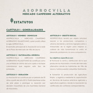 estatutos
CAPÍTULO I – GENERALIDADES
ARTÍCULO 1 - NOMBRE - DOMICILIO
ASOPROCVILLA – MERCADO CAMPESINO
ALTERNATIVO VILLALEY...