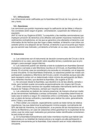 5.1.- Infracciones
Las infracciones serán calificadas por la Asamblea del Círculo de muy graves, gra-
ves y leves.
5.2.- Sanciones
Las sanciones que podrán imponerse según la calificación de las faltas o infraccio-
nes cometidas serán según el grado : amonestación, suspensión de militancia y/o
expulsión.
(Artº 8.3 de la Ley Orgánica 6/2002: “La expulsión y las medidas sancionadoras que
impliquen privación de derechos a los afiliados sólo podrán imponerse mediante pro-
cedimientos contradictorios, en los que se garantice a los afectados el derecho a ser
informados de los hechos que den lugar a tales medidas, el derecho a ser oídos con
carácter previo a la adopción de las mismas, el derecho a que el acuerdo que impon-
ga una sanción sea motivado, y el derecho a formular, en su caso, recurso interno”).
6- Votaciones
a.- Las votaciones son el instrumento de decisión consensuada del Círculo o de la
ciudadanía en su caso, para decidir sobre aquellos temas y cuestiones que se pro-
pongan y para escoger cargos internos.
b.- Las votaciones podrán ser abiertas a toda la ciudadanía en Asamblea General
Ciudadana o cerradas a solo Miembros inscritos en el Círculo, en Asamblea Extraor-
dinaria. En el primer caso se considerará una consulta no vinculante y en el segundo
si será vinculante. En las Asambleas Ordinarias, la votaciones podrán ser mixtas con
participación ciudadana y Miembros del Círculo y serán vinculantes aunque para ello
será necesario contar con un determinado índice mínimo de participación de Miem-
bros militantes inscritos, que decidirá la Asamblea. (Se sugiere el 25 %)
c.- Se convocan desde la Asamblea, que decidirá si es de tipo abierta, cerrada o
mixta, pero también puede convocarla excepcionalmente otro órgano del Círculo.
d.- Otras votaciones menores son aquellas realizadas internamente dentro de los
Equipos de Trabajo o Portavocía, siempre por mayoría simple.
e.- Las votaciones se realizan de manera presencial, de manera virtual por medio
de las herramientas habilitadas o ambas combinadas. La Asamblea determinará en
cada caso el sistema a seguir. En votaciones online o combinadas, hay que determi-
nar un plazo de tiempo suficiente y razonable para realizar los votos, generalmente
entre 3 días y una semana.
f.- Para validar una votación, especialmente cuando se tratan temas de relativa
importancia, hay que determinar la participación mínima exigida, normalmente del
50% del total de miembros, la comprobación, si es preciso de las inscripciones en el
Censo de Miembros y en caso de votaciones online garantizar la no duplicidad de los
votos y que los votos sean realizados por personas reales identificadas correctamen-
te para evitar el voto troll.
g.- En la Asamblea Extraordinaria solo votan miembros inscritos que habrán sido
convocados en su totalidad de manera previa y se exigirá una alta participación a
determinar previamente por la Asamblea. Esta votación será en modo referéndum
vinculante.
 