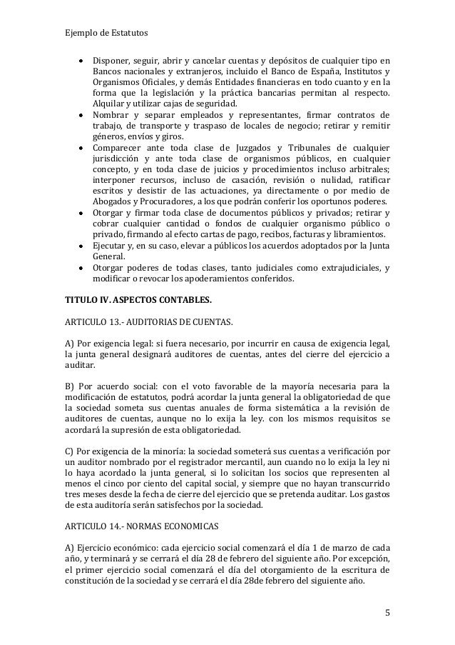 Ejemplo De Estatutos De Una Sociedad Anonima
