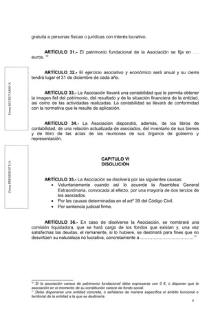 FirmaSECRETARIO/AFirmaPRESIDENTE/A
gratuita a personas físicas o jurídicas con interés lucrativo.
ARTÍCULO 31.- El patrimonio fundacional de la Asociación se fija en ........
euros. 10
ARTÍCULO 32.- El ejercicio asociativo y económico será anual y su cierre
tendrá lugar el 31 de diciembre de cada año.
ARTÍCULO 33.- La Asociación llevará una contabilidad que le permita obtener
la imagen fiel del patrimonio, del resultado y de la situación financiera de la entidad,
así como de las actividades realizadas. La contabilidad se llevará de conformidad
con la normativa que le resulte de aplicación.
ARTÍCULO 34.- La Asociación dispondrá, además, de los libros de
contabilidad, de una relación actualizada de asociados, del inventario de sus bienes
y de libro de las actas de las reuniones de sus órganos de gobierno y
representación.
CAPITULO VI
DISOLUCIÓN
ARTÍCULO 35.- La Asociación se disolverá por las siguientes causas:
• Voluntariamente cuando así lo acuerde la Asamblea General
Extraordinaria, convocada al efecto, por una mayoría de dos tercios de
los asociados.
• Por las causas determinadas en el artº 39 del Código Civil.
• Por sentencia judicial firme.
ARTÍCULO 36.- En caso de disolverse la Asociación, se nombrará una
comisión liquidadora, que se hará cargo de los fondos que existan y, una vez
satisfechas las deudas, el remanente, si lo hubiere, se destinará para fines que no
desvirtúen su naturaleza no lucrativa, concretamente a ………………………………11
10
Si la asociación carece de patrimonio fundacional debe expresarse con 0 €, o disponer que la
asociación en el momento de su constitución carece de fondo social.
11
Debe disponerse una entidad concreta, o señalarse de manera específica el ámbito funcional o
territorial de la entidad a la que se destinaría.
8
 