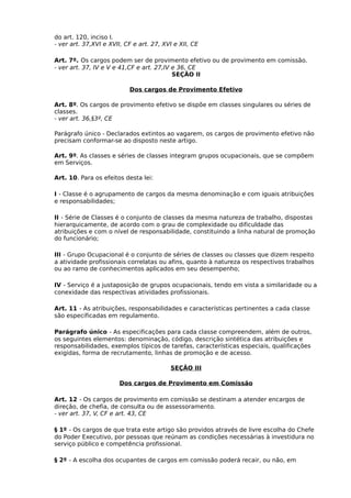 do art. 120, inciso I.
- ver art. 37,XVI e XVII, CF e art. 27, XVI e XII, CE
Art. 7º. Os cargos podem ser de provimento efetivo ou de provimento em comissão.
- ver art. 37, IV e V e 41,CF e art. 27,IV e 36, CE
SEÇÃO II
Dos cargos de Provimento Efetivo
Art. 8º. Os cargos de provimento efetivo se dispõe em classes singulares ou séries de
classes.
- ver art. 36,§3º, CE
Parágrafo único - Declarados extintos ao vagarem, os cargos de provimento efetivo não
precisam conformar-se ao disposto neste artigo.
Art. 9º. As classes e séries de classes integram grupos ocupacionais, que se compõem
em Serviços.
Art. 10. Para os efeitos desta lei:
I - Classe é o agrupamento de cargos da mesma denominação e com iguais atribuições
e responsabilidades;
II - Série de Classes é o conjunto de classes da mesma natureza de trabalho, dispostas
hierarquicamente, de acordo com o grau de complexidade ou dificuldade das
atribuições e com o nível de responsabilidade, constituindo a linha natural de promoção
do funcionário;
III - Grupo Ocupacional é o conjunto de séries de classes ou classes que dizem respeito
a atividade profissionais correlatas ou afins, quanto à natureza os respectivos trabalhos
ou ao ramo de conhecimentos aplicados em seu desempenho;
IV - Serviço é a justaposição de grupos ocupacionais, tendo em vista a similaridade ou a
conexidade das respectivas atividades profissionais.
Art. 11 - As atribuições, responsabilidades e características pertinentes a cada classe
são especificadas em regulamento.
Parágrafo único - As especificações para cada classe compreendem, além de outros,
os seguintes elementos: denominação, código, descrição sintética das atribuições e
responsabilidades, exemplos típicos de tarefas, características especiais, qualificações
exigidas, forma de recrutamento, linhas de promoção e de acesso.
SEÇÃO III
Dos cargos de Provimento em Comissão
Art. 12 - Os cargos de provimento em comissão se destinam a atender encargos de
direção, de chefia, de consulta ou de assessoramento.
- ver art. 37, V, CF e art. 43, CE
§ 1º - Os cargos de que trata este artigo são providos através de livre escolha do Chefe
do Poder Executivo, por pessoas que reúnam as condições necessárias à investidura no
serviço público e competência profissional.
§ 2º - A escolha dos ocupantes de cargos em comissão poderá recair, ou não, em

 