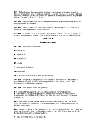 § 2º - Tratando-se de dano causado a terceiros, responderá o funcionário perante a
Fazenda Estadual em ação regressiva proposta depois de transitar em julgado a decisão
de última, instância que houver condenado a Fazenda a indenizar o terceiro prejudicado.
- ver art. 37, § 6º,CF e art. 27, § 6º, CE
Art. 288 - A responsabilidade penal abrange os crimes e contravenções imputados ao
funcionário nessa qualidade.
Art. 289 - A responsabilidade administrativa resulta de atos praticados ou omissões
ocorridas no desempenho do cargo ou função.
Art. 290 - As combinações civis, penais e disciplinares poderão cumular-se, sendo uma
e outras independentes entre si, bem assim as instâncias civil, penal e administrativa.
CAPÍTULO VI
DAS PENALIDADES
Art. 291 - São penas disciplinares:
I - advertência;
II - repreensão;
III - suspensão;
IV - multa;
V - destituição de função;
VI - demissão;
VII - cassação de aposentadoria ou disponibilidade.
Art. 292 - Na aplicação das penas disciplinares serão consideradas a natureza e a
gravidade de infração, os danos que dela provierem para o serviço público e os
antecedentes funcionais do servidor.
Art. 293 - São cabíveis penas disciplinares:
I - a de advertência, aplicada verbalmente em caso de mera negligência;
II - a de repreensão, aplicada por escrito, em caso de desobediência ou falta de
cumprimento dos deveres e reincidência em falta que tenha resultado na pena de
advertência;
III - a de suspensão, que não excederá de noventa dias, aplicada em caso de falta
grave, de infração às proibições, e de reincidência em falta que tenha resultado em
pena de repreensão;
IV - a de destituição de função, aplicada em caso de falta de exação no cumprimento do
dever, de benevolência ou negligência contributiva para falta de apuração, no devido
tempo, de infração perpetrada por outrem;
V - a de demissão, aplicada nos casos de:

 