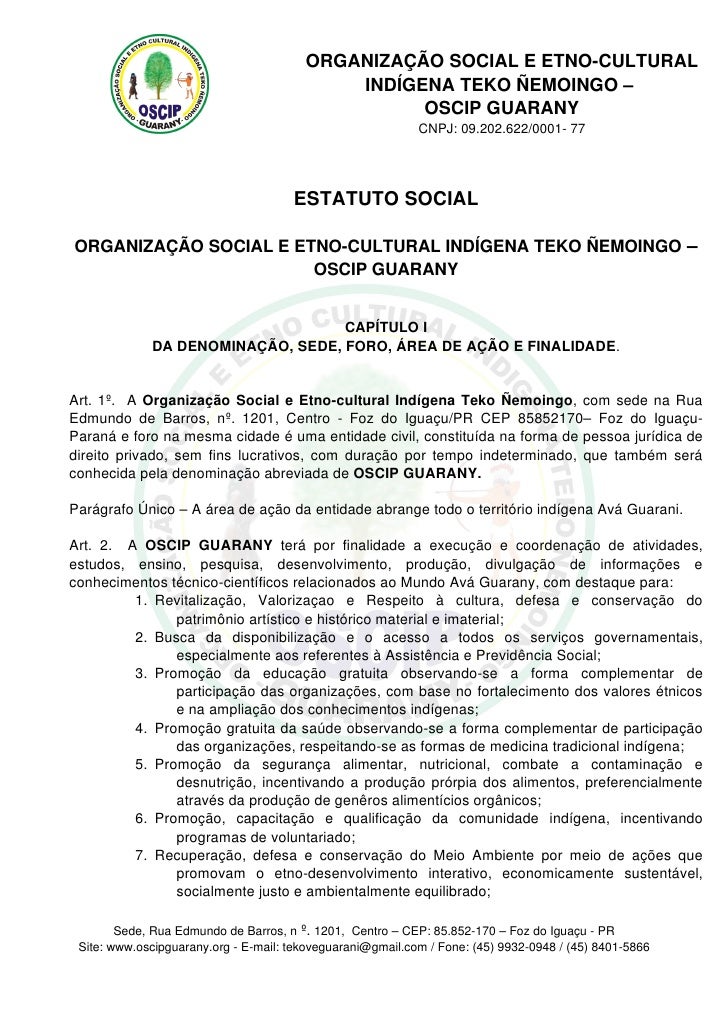 Estatuto Social Oscip Guarany Atual 20 07 2009 Estatuto Social Oscip Guarany Atual 20 07 2009