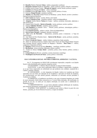 10 - Benedito Pinheiro Machado Tolosa - médico, pesquisador e professor.
11 - Benjamin Constant Botelho de Magalhães - militar, professor, político, filósofo e matemático.
12 - Candido José de Araujo Vianna - Marquês de Sapucaí - jurista, literato, professor e poeta.
13 - Casimiro José Marques de Abreu - poeta e teatrólogo.
14 - Evaristo Ferreira da Veiga e Barros - poeta, jornalista, político e livreiro.
15 - Francisco Rangel Pestana - jornalista e político.
16 - Hipólito José da Costa Furtado Pereira de Mendonça - jurista, filósofo, escritor e jornalista -
Patriarca da Imprensa Brasileira.
17 - João Caetano dos Santos - escritor, diretor e ator teatral.
18 - Joaquim Gonçalves Ledo - jornalista e político - prócer da Independência.
19 - Joaquim Aurélio Barreto Nabuco de Araújo - político, jornalista, historiador, diplomata e
líder abolicionista.
20 - Joaquim Inácio Ramalho - Barão de Ramalho - jurista, professor, escritor e político.
21 - Joaquim Saldanha Marinho - jornalista, jurista e político.
22 - José Bonifácio de Andrada e Silva - filósofo, jurista, professor, mineralogista, político -
Patriarca da Independência.
23 - José Clemente Pereira - político e jurista - Prócer da Independência.
24 - José de Souza Marquês - pedagogo, educador e professor.
25 - José Carlos do Patrocínio - farmacêutico, jornalista, poeta e romancista - o Tigre do
Abolicionismo.
26 - José Maria da Silva Paranhos Junior - Barão do Rio Branco - jurista, professor, jornalista,
historiador e diplomata.
27 - Manuel Arruda da Câmara - médico, botânico, naturalista e frade carmelita.
28 - Pedro de Alcântara Francisco Antônio João Carlos Xavier de Paula Miguel Rafael Joaquim
José Gonzaga Pascoal Cipriano Serafim de Bragança e Bourbon - Dom Pedro I - músico,
compositor e Imperador do Brasil.
29 - Quintino Antônio Ferreira de Souza Bocaiúva - teatrólogo, jornalista e político.
30 - Rui Barbosa - jurista, jornalista, diplomata, tribuno e político.
31 - Tristão de Alencar Araripe Júnior - jornalista, jurista, crítico literário, político, contista e
romancista.
32 - Urbano Duarte de Oliveira - jornalista, cronista, humorista e teatrólogo.
33 - Washington Luís Pereira de Souza - jurista, político e historiador.

                             CAPÍTULO II
  DAS CATEGORIAS SOCIAIS - DEVERES E DIREITOS, ADMISSÃO E VACÂNCIA.

        Art. 6º - Os integrantes da AMACLERJ, devidamente empossados, comporão o seu Quadro
Social e serão distribuídos pelas seguintes categorias sociais:
          I-FUNDADORES - os Mestres Maçons indicados no artigo 42 deste Estatuto;
          II-EFETIVOS - os que forem empossados depois de fundada e regularizada a Academia,
ou os que forem empossados em substituição aos que perderem essa condição, ocupando-lhe a
Cadeira e mantido o Patrono;
          III -HONORÁRIOS - os não integrantes do Quadro vitalício da Academia que forem
agraciados com esse título, por indicação de um Acadêmico e aprovado em Sessão da Academia,
em reconhecimento aos seus méritos pessoais, intelectuais ou relevantes serviços prestados à
Academia ou a Ordem;
          IV-EMÉRITOS- os Acadêmicos com direito a voto, que se tornarem irregulares em virtude
de terem alcançados 3(três) faltas consecutivas ou 5 (cinco) faltas alternadas, não justificadas, no
período de um ano, ou ainda por sua própria solicitação, de acordo com o estabelecido no
Regimento Interno;
          V-CORRESPONDENTES - os que forem admitidos mediante deliberação da Academia,
para manterem permanente correspondência e troca de informações;
          VI-HONRA “POST MORTEM”- os Acadêmicos que vierem a falecer no gozo dos seus
direitos, passarão, por Ato da Diretoria Executiva, a ocupar este Quadro.


                                                                                                   3
 