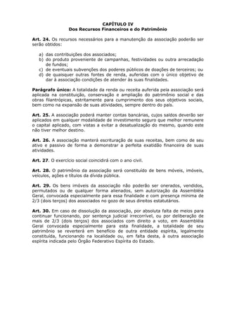 CAPÍTULO IV
                  Dos Recursos Financeiros e do Patrimônio

Art. 24. Os recursos necessários para a manutenção da associação poderão ser
serão obtidos:

   a) das contribuições dos associados;
   b) do produto proveniente de campanhas, festividades ou outra arrecadação
      de fundos;
   c) de eventuais subvenções dos poderes públicos de doações de terceiros; ou
   d) de quaisquer outras fontes de renda, auferidas com o único objetivo de
      dar à associação condições de atender às suas finalidades.

Parágrafo único: A totalidade da renda ou receita auferida pela associação será
aplicada na constituição, conservação e ampliação do patrimônio social e das
obras filantrópicas, estritamente para cumprimento dos seus objetivos sociais,
bem como na expansão de suas atividades, sempre dentro do país.

Art. 25. A associação poderá manter contas bancárias, cujos saldos deverão ser
aplicados em qualquer modalidade de investimento seguro que melhor remunere
o capital aplicado, com vistas a evitar a desatualização do mesmo, quando este
não tiver melhor destino.

Art. 26. A associação manterá escrituração de suas receitas, bem como de seu
ativo e passivo de forma a demonstrar a perfeita exatidão financeira de suas
atividades.

Art. 27. O exercício social coincidirá com o ano civil.

Art. 28. O patrimônio da associação será constituído de bens móveis, imóveis,
veículos, ações e títulos da dívida pública.

Art. 29. Os bens imóveis da associação não poderão ser onerados, vendidos,
permutados ou de qualquer forma alienados, sem autorização da Assembléia
Geral, convocada especialmente para essa finalidade e com presença mínima de
2/3 (dois terços) dos associados no gozo de seus direitos estatutários.

Art. 30. Em caso de dissolução da associação, por absoluta falta de meios para
continuar funcionando, por sentença judicial irrecorrível, ou por deliberação de
mais de 2/3 (dois terços) dos associados com direito a voto, em Assembléia
Geral convocada especialmente para esta finalidade, a totalidade de seu
patrimônio se reverterá em benefício de outra entidade espírita, legalmente
constituída, funcionando na localidade ou, em falta desta, à outra associação
espírita indicada pelo Órgão Federativo Espírita do Estado.
 
