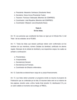 a. Presidenta: Alexandra Sanhueza (Estudiante Base) 
b. Secretaria: Grace Arcos (Presidenta Feubo) 
c. Tesorero: Francisco Valenzuela (Miembro de CONPRES) 
d. Coordinador: José Riquelme (Miembro del CONPRES) 
e. Coordinador: Wladymir Jara (Estudiante Base) 
Título II. 
De las listas. 
Art. 10. Las personas que constituirán las listas se rigen por el Artículo Nro. 6, del 
Título I de los estatutos de la FEUBO. 
Art. 11. Todas las listas que deseen participar deben venir conformada con los 
nombres de sus miembros, número Cédulas de identidad, certificado de alumno 
regular, fotocopia de la cédula de identidad y sus respectivos cargos, los cuales se 
señalan a continuación: 
a. Presidente(a). 
b. Vicepresidente. 
c. Secretario(a) General. 
d. Secretario(a) de Finanzas. 
e. Coordinador de Difusión e Informática. 
Art. 12. Cada lista se deberá hacer cargo de su propio financiamiento. 
Art. 13. Las listas deben presentar un programa donde se resuma el proyecto de 
Federación que se contemple por la lista. El resumen debe venir en un máximo de 
tres páginas, tamaño carta u oficio, fuente Arial, tamaño 12, interlineado1.15 y en 
un sobre sellado al momento de la entrega al TRICEL. 
 