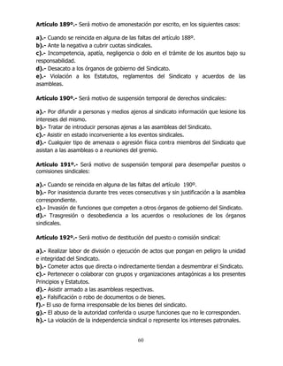 60
Artículo 189º.- Será motivo de amonestación por escrito, en los siguientes casos:
a).- Cuando se reincida en alguna de las faltas del artículo 188º.
b).- Ante la negativa a cubrir cuotas sindicales.
c).- Incompetencia, apatía, negligencia o dolo en el trámite de los asuntos bajo su
responsabilidad.
d).- Desacato a los órganos de gobierno del Sindicato.
e).- Violación a los Estatutos, reglamentos del Sindicato y acuerdos de las
asambleas.
Artículo 190º.- Será motivo de suspensión temporal de derechos sindicales:
a).- Por difundir a personas y medios ajenos al sindicato información que lesione los
intereses del mismo.
b).- Tratar de introducir personas ajenas a las asambleas del Sindicato.
c).- Asistir en estado inconveniente a los eventos sindicales.
d).- Cualquier tipo de amenaza o agresión física contra miembros del Sindicato que
asistan a las asambleas o a reuniones del gremio.
Artículo 191º.- Será motivo de suspensión temporal para desempeñar puestos o
comisiones sindicales:
a).- Cuando se reincida en alguna de las faltas del artículo 190º.
b).- Por inasistencia durante tres veces consecutivas y sin justificación a la asamblea
correspondiente.
c).- Invasión de funciones que competen a otros órganos de gobierno del Sindicato.
d).- Trasgresión o desobediencia a los acuerdos o resoluciones de los órganos
sindicales.
Artículo 192º.- Será motivo de destitución del puesto o comisión sindical:
a).- Realizar labor de división o ejecución de actos que pongan en peligro la unidad
e integridad del Sindicato.
b).- Cometer actos que directa o indirectamente tiendan a desmembrar el Sindicato.
c).- Pertenecer o colaborar con grupos y organizaciones antagónicas a los presentes
Principios y Estatutos.
d).- Asistir armado a las asambleas respectivas.
e).- Falsificación o robo de documentos o de bienes.
f).- El uso de forma irresponsable de los bienes del sindicato.
g).- El abuso de la autoridad conferida o usurpe funciones que no le corresponden.
h).- La violación de la independencia sindical o represente los intereses patronales.
 