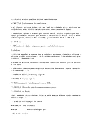 84.21.22.00.00 Aparatos para filtrar o depurar las demás bebidas

84.24.81.30.00 Demás aparatos sistemas de riego

84.32. Máquinas, aparatos y artefactos agrícolas, hortícolas o silvícolas, para la preparación o el
trabajo del suelo o para el cultivo; excepto rodillos para césped o terrenos de deporte

84.33 Máquinas, aparatos y artefactos para cosechar o trillar, incluidas las prensas para paja o
forraje; guadañadoras; máquinas para limpieza o clasificación de huevos, frutos o demás
productos agrícolas, excepto las de la partida 84.37 y las subpartidas 84.33.11 y 84.33.19

Guadañadoras

84.34 Máquinas de ordeñar y máquinas y aparatos para la industria lechera

Ordeñadoras

84.36 Demás máquinas y aparatos para la agricultura, horticultura, silvicultura, avicultura o
apicultura, incluidos los germinadores con dispositivos mecánicos o térmicos incorporados y las
incubadoras y criadoras avícolas

84.37.10.00.00 Máquinas para limpieza, clasificación o cribado de semillas, granos u hortalizas
de vaina secas

84.38 Máquinas y aparatos para la preparación o fabricación de alimentos o bebidas, excepto los
de la subpartida 84.38.10

84.85.10.00.00 Hélices para barcos y sus paletas

87.01.90.00.10 Tractores agrícolas

87.13 Sillones de rueda y demás vehículos para inválidos

87.13.10.00.00 Sillones de rueda sin mecanismos de propulsión

87.13.90.00.00 Los demás

Partes y accesorios correspondientes a sillones de ruedas y demás vehículos para inválidos de las
partidas 87.13 y 87.14

87.16.20.00.00 Remolques para uso agrícola

90.01.30.00.00 Lentes de contacto

90.01.40               Lentes de vidrio para gafas

Lentes de otras materias
 