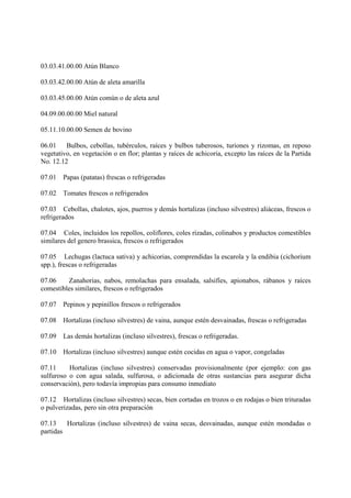 03.03.41.00.00 Atún Blanco

03.03.42.00.00 Atún de aleta amarilla

03.03.45.00.00 Atún común o de aleta azul

04.09.00.00.00 Miel natural

05.11.10.00.00 Semen de bovino

06.01 Bulbos, cebollas, tubérculos, raíces y bulbos tuberosos, turiones y rizomas, en reposo
vegetativo, en vegetación o en flor; plantas y raíces de achicoria, excepto las raíces de la Partida
No. 12.12

07.01   Papas (patatas) frescas o refrigeradas

07.02   Tomates frescos o refrigerados

07.03 Cebollas, chalotes, ajos, puerros y demás hortalizas (incluso silvestres) aliáceas, frescos o
refrigerados

07.04 Coles, incluidos los repollos, coliflores, coles rizadas, colinabos y productos comestibles
similares del genero brassica, frescos o refrigerados

07.05 Lechugas (lactuca sativa) y achicorias, comprendidas la escarola y la endibia (cichorium
spp.), frescas o refrigeradas

07.06    Zanahorias, nabos, remolachas para ensalada, salsifíes, apionabos, rábanos y raíces
comestibles similares, frescos o refrigerados

07.07   Pepinos y pepinillos frescos o refrigerados

07.08   Hortalizas (incluso silvestres) de vaina, aunque estén desvainadas, frescas o refrigeradas

07.09   Las demás hortalizas (incluso silvestres), frescas o refrigeradas.

07.10   Hortalizas (incluso silvestres) aunque estén cocidas en agua o vapor, congeladas

07.11     Hortalizas (incluso silvestres) conservadas provisionalmente (por ejemplo: con gas
sulfuroso o con agua salada, sulfurosa, o adicionada de otras sustancias para asegurar dicha
conservación), pero todavía impropias para consumo inmediato

07.12 Hortalizas (incluso silvestres) secas, bien cortadas en trozos o en rodajas o bien trituradas
o pulverizadas, pero sin otra preparación

07.13    Hortalizas (incluso silvestres) de vaina secas, desvainadas, aunque estén mondadas o
partidas
 