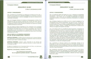 Resoluciones del II Congreso Ordinario
II Congreso Ordinario
RESOLUCIÓN N"i 20/2007
El Alto, 21 de diciembre de 2007
VISTOS Y CONSIDERANDO
Que, al presente nos encontramos en vísperas de las fiestas de fin de año, y
tal como se ha previsto en el calendario académico se ha previsto el inicio de
receso universitario para el descanso pedagógico de todos los miembros de la
comunidad universitaria.
Que, el II Congreso Ordinario ha iniciado su funcionamiento en fecha 22 de
noviembre de 2007 de acuerdo a resolución Nro. 01/2007 del mismo. Que, de
acuerdo a la propuesta presentada para ejecución del evento y en el marco de
su Reglamento Interno se tiene previsto la realización de sesiones de comisión
y sesiones plenarias de conclusión.
Que, de acuerdo al informe presentado por las comisiones se ha constatado
que algunas de ellas todavía no han concluido con su trabajo, lo que imposibilita
la conclusión del evento dentro de las fechas programadas, por lo que los
congresistas se han pronunciado por la reprogramación de fechas hasta el
siguiente año 2008, para garantizar los resultados que espera toda la Comunidad
Universitaria de la UPEA.
POR LO TANTO, EL II CONGRESO ORDINARIO
EN USO DE SUS ATRIBUCIONES, RESUELVE:
ARTÍCULO PRIMERO.- Ampliar el plazo de sesiones del II Congreso Ordinario
de la UPEA hasta su culminación, debiendo los congresistas realizar los esfuerzos
necesarios para reducir el tiempo de trabajo.
ARTÍCULO SEGUNDO.- Declarar cuarto intermedio en las sesiones del
Plenario del II Congreso Ordinario, debiendo reiniciarse el mismo a partir del
16 de enero de 2008.
Es dado en el Auditórium de la Universidad Pública de El Alto, a los diecinueve
días del mes de diciembre de dos mil siete años.
Regístrese, comuniqúese, cúmplase y archívese.
Por la Autonomía Universitaria
Por el Cogobierno paritario docente - estudiantil.
Universidad Pública de El Alto
Resoluciones del II Congreso Ordinario
II Congreso Ordinario
RESOLUCIÓN 01/2008
El Alto, 16 de enero de 2008
VISTOS Y CONSIDERANDO
Que, la Constitución Política del Estado en su Art. 21 garantiza la inviolabilidad
del domicilio y asimismo en su Art. 185 establece y garantiza la Autonomía
Universitaria y que, dentro de los principios fundamentales del Sistema
Universitario Boliviano se contempla la Autonomía Universitaria en su Estatuto
Orgánico.
Que, el Estatuto Orgánico de la UPEA en su Art. 6, inciso h) establece la "La
inviolabilidad de los recintos universitarios", así como en el Art. 16 inciso a) y
b), además los incisos c) y d) del Art. 16 se establece el rechazo a toda acción
de fuerza externa en contra la institucionalidad autonómica universitaria y que,
asimismo se condena, rechaza y combate toda intervención al interior de la
UPEA de los órganos de represión del estado.
Que, el Dr. Román Castro en compañía de algunos docentes y estudiantes de
la carrera de Derecho, en fecha 15 de enero de 2008 se han constituido en
la Secretaría de la Dirección de la Carrera de Derecho coadyuvados por un
contingente Policial y que, los mismos habrían instalado un supuesto Consejo de
Carrera, hechos de total desconocimiento de las autoridades de la Universidad
y del II Congreso Ordinario. Que, los congresistas de la carrera de Derecho
han denunciado ante la plenaria del II Congreso estos hechos extremos que
constituyen un claro y gravísimo atentado a la Autonomía Universitaria, a los
principios de la UPEA y del Sistema Universitario Boliviano, asimismo se dio a
conocer que estudiantes de base de la carrera de Derecho en el día mencionado
han observado y denunciado dicha acción exigiendo el respeto a los recintos
universitarios y el retiro del contingente policial.
Que, respaldando la denuncia verbal de los congresistas además se ha
presentado un video que demuestra algunos de los hechos ocurridos en la
carrera de Derecho, lo que ha indignado a todos los miembros del II Congreso
Ordinario, por lo que han solicitado se aplique la máxima sanción a los infractores
como ser el Veto Universitario.
Que, estudiantes universitarios de la ex-unidad académica de Villa Dolores
(Gestión de Javier Tito) han presentado al II Congreso Ordinario en fecha 6
de diciembre de 2007, un proyecto de Resolución con 6 artículos, proponiendo
la abrogación de las Resoluciones 008/2008 y 009/004 del Primer Congreso
Interno de la UPEA.
Universidad Pública de El Alto
 