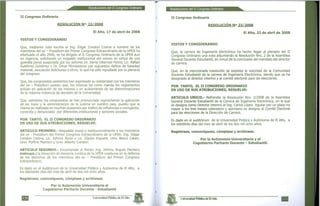II Congreso Ordinario
RESOLUCIÓN
Resoluciones del II Congreso Ordinario
22/2008
El Alto, 17 de abril de 2008
VISTOS Y CONSIDERANDO
Que, mediante nota escrita el Ing. Edgar Condori Cosme a nombre de los
miembros del ex - Presidium del Primer Congreso Extraordinario de la UPEA ha
efectuado el año 2006, se ha dirigido al II Congreso Ordinario de la UPEA aun
en vigencia, solicitando un respaldo institucional del mismo en virtud de una
querella penal auspiciada por los señores Dr. Jaime Villarroet Ferrer, Lie. Rafael
Gutiérrez Gutiérrez y Dr. Ornar Monasterios por supuestos delitos de falsedad
material, asociación delictuosa y otros; lo que ha sido repudiado por la plenaria
del congreso.
Que, los congresistas asistentes han expresado su solidaridad con los miembros
del ex - Presidium puesto que, los mismos tal como manda los reglamentos
actúan en aplicación de los mismos y en acatamiento de las determinaciones
de la máxima instancia de decisión de la Universidad.
Que, asimismo los congresistas se han pronunciado reprochando la aplicación
de las leyes y la administración de la justicia en nuestro país, puesto que la
misma es realizada en muchas ocasiones por trafico de influencias o corrupción,
conocida y denunciada por diferentes instituciones y sectores sociales.
POR TANTO, EL II CONGRESO ORDINARIO
EN USO DE SUS ATRIBUCIONES, RESUELVE:
ARTÍCULO PRIMERO.- Respaldar moral e institucionalmente a los miembros
del ex - Presidium del Primer Congreso Extraordinario de la UPEA: Ing. Edgar
Condori Cosme, Lie. Johnny Alcón y Lie. Gladys Ergueta, Univ. Bosco Catari,
Univ. Porfirio Mamani y Univ. Alberto Condori.
ARTÍCULO SEGUNDO.- Encomendar al Rector Ing. Johnny Ángulo Pacheco
instruya a la Dirección de Asesoría Jurídica de la UPEA coadyuve en la defensa
de los derechos de los miembros del ex - Presidium del Primer Congreso
Extraordinario.
Es dado en el Auditórium de la Universidad Pública y Autónoma de El Alto, a
los diecisiete días del mes de abril de dos mil ocho anos.
Regístrese, comuniqúese, cúmplase y archívese.
Por la Autonomía Universitaria el
Cogobierno Paritario Docente - Estudiantil
Universidad Pública de El Alto
Resoluciones del II Congreso Ordinario
II Congreso Ordinario
RESOLUCIÓN N" 23/2008
El Alto, 22 de abril de 2008
VISTOS Y CONSIDERANDO
Que, la carrera de Ingeniería Electrónica ha hecho llegar al plenario del II
Congreso Ordinario una nota adjuntando la Resolución Nro. 2 de la Asamblea
General Docente Estudiantil, en virtud de la conclusión del mandato del director
de carrera.
Que, en la mencionada resolución se expresa la voluntad de la Comunidad
Docente Estudiantil de la carrera de Ingeniería Electrónica, siendo que se ha
designado al director interino y al comité electoral para las elecciones.
POR TANTO, EL II CONGRESO ORDINARIO
EN USO DE SUS ATRIBUCIONES, RESUELVE:
ARTÍCULO ÚNICO.- Refrendar la Resolución Nro. 2/2008 de la Asamblea
General Docente Estudiantil de la Carrera de Ingeniería Electrónica, en la que
se designa como Director interino al Ing. Carlos López Aguilar por un plazo no
mayor a los tres meses calendario y asimismo se designa al Comité Electoral
para las elecciones de la Dirección de Carrera.
Es dado en el auditórium de la Universidad Pública y Autónoma de El Alto, a
los veintitrés días del mes de abril de los dos mil ocho años.
Regístrese, comuniqúese, cúmplase y archívese.
Por la Autonomía Universitaria y el
Cogobierno Paritario Docente - Estudiantil.
Universidad Pública de El Alto
 