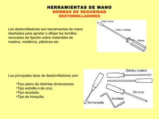 HERRAMIENTAS DE MANO NORMAS DE SEGURIDAD DESTORNILLADORES Los destornilladores son herramientas de mano diseñados para apretar o aflojar los tornillos ranurados de fijación sobre materiales de madera, metálicos, plásticos etc. Los principales tipos de destornilladores son: Tipo plano de distintas dimensiones.  Tipo estrella o de cruz.  Tipo acodado.  Tipo de horquilla.  