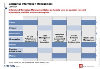 Enterprise Information Management
Definition
Enterprise Information Management takes an holistic view on decision relevant
information available within an enterprise.



 Vision


 Strategy


 Governance
                                                                     Enterprise
                                                     Data                            Social
                            BI and                                    Content
                                                 Management                         Software      Master Data




                                                                                                                ESTC2008_ONTOLOGYENGINEERINGTUTORIAL_CT_V04_080916.PPT
 Organization            Performance                                Management
                                                      and                              and        Management
                         Management                                 and Search
                                                  Integration                     Collaboration
 Process

 Enabling
 Infrastructure

 Metrics


Source: Gartner 2007, EIM conference 2008, Detecon Research 2008.


            Page 11
 