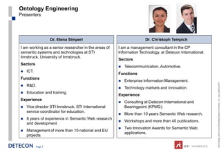 Ontology Engineering
Presenters




                    Dr. Elena Simperl                                Dr. Christoph Tempich

I am working as a senior researcher in the areas of   I am a management consultant in the CP
semantic systems and technologies at STI              Information Technology. at Detecon International.
Innsbruck, University of Innsbruck.
                                                      Sectors
Sectors
                                                         Telecommunication, Automotive.
   ICT.
                                                      Functions
Functions
                                                         Enterprise Information Management.




                                                                                                          ESTC2008_ONTOLOGYENGINEERINGTUTORIAL_CT_V04_080916.PPT
   R&D.
                                                         Technology markets and innovation.
   Education and training.
                                                      Experience
Experience
                                                         Consulting at Detecon International and
   Vice director STI Innsbruck, STI International        Bearingpoint (KPMG).
    service coordinator for education.
                                                         More than 10 years Semantic Web research.
   8 years of experience in Semantic Web research
                                                         Workshops and more than 40 publications.
    and development
                                                         Two Innovation Awards for Semantic Web
   Management of more than 10 national and EU
                                                          applications.
    projects

           Page 1
 