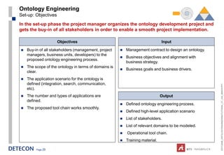 Ontology Engineering
Set-up: Objectives
In the set-up phase the project manager organizes the ontology development project and
gets the buy-in of all stakeholders in order to enable a smooth project implementation.

                     Objectives                                                 Input

   Buy-in of all stakeholders (management, project       Management contract to design an ontology.
    managers, business units, developers) to the
                                                          Business objectives and alignment with
    proposed ontology engineering process.
                                                           business strategy.
   The scope of the ontology in terms of domains is
                                                          Business goals and business drivers.
    clear.
   The application scenario for the ontology is
    defined (integration, search, communication,




                                                                                                        ESTC2008_ONTOLOGYENGINEERINGTUTORIAL_CT_V04_080916.PPT
    etc).
   The number and types of applications are                                    Output
    defined.
                                                          Defined ontology engineering process.
   The proposed tool chain works smoothly.
                                                          Defined high-level application scenario
                                                          List of stakeholders.
                                                          List of relevant domains to be modeled.
                                                          Operational tool chain.
                                                          Training material.

         Page 29
 