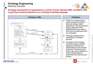 Ontology Engineering
Modeling: Examples
Ontology development is supported by a variety of tools. Besides OWL and RDFS, UML
is gaining increasing attention as an ontology modeling language.

                     Ontology in UML                                 Guidelines
                                                            There is no unique way to
                                                             model a domain correctly —
                                                             there are always viable
                                                             alternatives. The best solution
                                                             always depends on the
                                                             application that you have in
                                                             mind and the extensions that
                                                             you anticipate.




                                                                                               ESTC2008_ONTOLOGYENGINEERINGTUTORIAL_CT_V04_080916.PPT
                                                            Ontology development is
                                                             necessarily an iterative
                                                             process.
                                                            Concepts in the ontology
                                                             should be close to objects
                                                             (physical or logical) and
                                                             relationships in your domain
                                                             of interest. These are most
                                                             likely to be nouns (objects) or
                                                             verbs (relationships) in
                                                             sentences that describe your
                                                             domain.


       Page 41
 