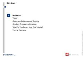 Content




1.   Motivation
     Vision
     Customer Challenges and Benefits
     Ontology Engineering Definition
     What Do You Expect from This Tutorial?
     Tutorial Overview




                                              ESTC2008_ONTOLOGYENGINEERINGTUTORIAL_CT_V04_080916.PPT
      Page 4
 