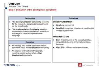 OntoCom
Process: Cost Drivers
Step 3: Evaluation of the development complexity



                    Explanation                                            Guidelines
   The Conceptualization Complexity accounts          CONCEPTUALIZATION
    for the impact of a complex conceptual model
                                                          Very Low: concept list.
    on the overall costs.
                                                          Very High: instances, no patterns, considerable
   The Implementation Complexity takes into
                                                           number of constraints.
    consideration the additional efforts arisen from
    the usage of a specific implementation
    language.
                                                       IMPLEMENTATION




                                                                                                             ESTC2008_ONTOLOGYENGINEERINGTUTORIAL_CT_V04_080916.PPT
                                                          Low: The semantics of the conceptualization
                     Examples                              compatible to the one of the implementation
                                                           language.
   An ontology for a search application with an
    thesaurus has a low development complexity.           High: Major differences between the two.

   An ontology for the chemistry domain,
    modeling reaction patterns has a high
    development complexity.




        Page 55
 