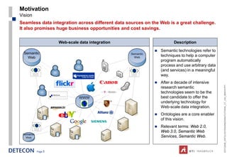 Motivation
Vision
Seamless data integration across different data sources on the Web is a great challenge.
It also promises huge business opportunities and cost savings.

                  Web-scale data integration                           Description

                                                               Semantic technologies refer to
                                                                techniques to help a computer
                                                                program automatically
                                                                process and use arbitrary data
                                                                (and services) in a meaningful
                                                                way.
                                                               After a decade of intensive




                                                                                                 ESTC2008_ONTOLOGYENGINEERINGTUTORIAL_CT_V04_080916.PPT
                                                                research semantic
                                                                technologies seem to be the
                                                                best candidate to offer the
                                                                underlying technology for
                                                                Web-scale data integration.
                                                               Ontologies are a core enabler
                                                                of this vision.
                                                               Relevant terms: Web 2.0,
                                                                Web 3.0, Semantic Web
                                                                Services, Semantic Web.


         Page 5
 