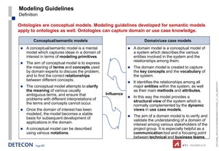Modeling Guidelines
Definition

Ontologies are conceptual models. Modeling guidelines developed for semantic models
apply to ontologies as well. Ontologies can capture domain or use case knowledge.

         Conceptual/semantic models                                     Domain/use case models
    A conceptual/semantic model is a mental                     A domain model is a conceptual model of
     model which captures ideas in a domain of                    a system which describes the various
     interest in terms of modeling primitives.                    entities involved in the system and the
                                                                  relationships among them.
    The aim of conceptual model is to express
     the meaning of terms and concepts used                      The domain model is created to capture
     by domain experts to discuss the problem,                    the key concepts and the vocabulary of
     and to find the correct relationships                        the system.
     between different concepts.
                                                                 It identifies the relationships among all




                                                                                                                 ESTC2008_ONTOLOGYENGINEERINGTUTORIAL_CT_V04_080916.PPT
    The conceptual model attempts to clarify                     major entities within the system, as well
     the meaning of various usually                               as their main methods and attributes.
     ambiguous terms, and ensure that             Influence
                                                                 In this way the model provides a
     problems with different interpretations of
                                                                  structural view of the system which is
     the terms and concepts cannot occur.
                                                                  normally complemented by the dynamic
    Once the domain of interest has been                         views in use case models.
     modeled, the model becomes a stable
                                                                 The aim of a domain model is to verify and
     basis for subsequent development of
                                                                  validate the understanding of a domain of
     applications in the domain.
                                                                  interest among various stakeholders of the
    A conceptual model can be described                          project group. It is especially helpful as a
     using various notations.                                     communication tool and a focusing point
                                                                  between technical and business teams.

          Page 60
 