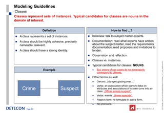 Modeling Guidelines
Classes
Classes represent sets of instances. Typical candidates for classes are nouns in the
domain of interest.

                     Definition                                         How to find ...?
   A class represents a set of instances.            Interview: talk to subject matter experts.
   A class should be highly cohesive, precisely      Documentation: read what experts have written
    nameable, relevant.                                about the subject matter, read the requirements
                                                       documentation, read proposals and invitations to
   A class should have a strong identity.             tender.
                                                      Observation and reflection.
                                                      Classes vs. instances.




                                                                                                                  ESTC2008_ONTOLOGYENGINEERINGTUTORIAL_CT_V04_080916.PPT
                                                      Typical candidates for classes: NOUNS.
                      Example                             But: actors of use cases do not necessarily
                                                           correspond to classes.
                                                      Other terms as well
                                                          Gerund: „My eyes glazing over…“
                                                          Verbs: an association which starts to take on
     Crime                          Suspect                attributes and associations of its own turns into an
                                                           class: „Officer arrests suspect“.
                                                          Verbs: events: „Illness episode“.
                                                          Passive form: re-formulate in active form.
                                                          No pronouns.
         Page 63
 