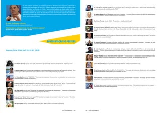 Sr Lelei Lelaulu convocou o simpósio do Banco Mundial sobre turismo sustentável e 
oceanos em Washington DC em 2012, a Mesa Redonda de Adaptação do Pacífi co e Mu-dança 
ClimáƟ ca em Samoa em 2009 e falou na Conferência de Davos sobre turismo e 
mudanças climáƟ cas. Ele é um conselheiro especial do Banco Mundial para Agricultura e 
Ambiente, membro de grupo de especialistas para consultas em negócios e sustentabili-dade 
para a Corporação Internacional de Finanças e presidente do Conselho da Aliança da 
APRESENTAÇÃO DE POSTERS 
Terra - Earth Council Alliance. 
Sr Lelei TuiSamoa LeLaulu, 
Desenvolvimento do empreendedorismo 
Mantendo-se relevante na era do turismo espacial 
Quarta-Feira, 30 de Abril (15:00 - 16:00) 
Segunda-Feira, 28 de Abril 28, 14:30 - 16:00 
Sra Natalia Naranjo (Spain), Associação Colombiana de Turismo de Natureza SerCOnatural - “Turismo e Paz” 
Sr Javier KuƩ el (Brasil), InsƟ tuto de InvesƟ gação e Desenvolvimento em Ecoturismo da FUNDAÇÃO YETAPA - Eco-turismo 
para o Desenvolvimento Local na Reserva Iberá: como insƟ tucionalizar um projeto? 
Sra Hilary Sgalitzer (EUA), TIES/GSTC, - “Filantropia dos viajantes:: Compreender as moƟ vações dos turistas a doar 
pelo Sweetwater Chimpanzé Sanctuary “ 
Professor Adjunto Heros Lobos (Brasil), Professor, Universidade Federal de São Carlos - Brasil - “Capacoidade de 
carga de turistas em cavernas - Conservação de Meio Ambinete e Getão de Ecoturismo” 
Ms Olga Garcia (País de Gales), Pesquisar pós graduado Universidade de Aberystwyth - “Impactos da Observação 
de Golfi nhos na Economia Local, New Quay Area, País de Gales”” 
Dr Lucio Flavo Marini Adorno (Brasil), RPPN Catedral do Jalapão, Universidade Federal do TocanƟ ns - “Farol Res-ervas 
Naturais dos Biomas do Brasil” 
Ms Djane Chiba (Brasil), Universidade Federal do Pará , IFPA-Campus Conceição do Araguaia 
ESTC 2014 BONITO | 31 
Sr João Mauro Azevedo Carrillo (Brasil), Fundação Parque Zoológico de São Paulo - “A aƟ vidade de birdwatching 
como ferramenta de sensibilização da FPZSP” 
Dr Robert Walker (Brasil), Avaliador Free-lance e tradutor - “Turismo e Meio Ambiente no Norte de Moçambique: 
O Espaços Públicos Urbano e Transporte com Limitações” 
Dra Elaine Piranda (Brasil), UFMS - “Ecoturismo e Vigilância em Saúde” 
Sr Adriano Chaves de França, FINAV; UFGD, AGB - “Ecoturismo de base comunitária como forma de autonomia e 
inclusão dos assentados no entorno do Parque Nacional da Serra da Bodoquena: o caso do Assentamento Guai-curus” 
Sr Gustavo Fernandes (Brasil), Professor, InsƟ tuto Federal de Educação, Ciência e Tecnologia da Bahia - “Aspectos 
comerciais da sustentabilidade” 
Sr Marcus Thackston, Fundador e Diretor, Soluções de Turismo, Hospitalidade e Educação- “Ecolodge de rede: 
mundial: um projeto de desenvolvimento sustentável do turismo” 
Sr Andre Cunha (Brasil), Professor Adjunto, Dept. Ecologia e Centro de Excelência em Turismo da Universidade de 
Brasília - “Turismo de base Natureza em Parques Nacionais do Brasil e seu potencial para a conservação da biodi-versidade” 
Mayara MarƟ ns (Brasil), UNICAMP, NEPAM-UNICAMP - “O Ecoturismo e o Cicloturismo como estratégias de atu-ação 
de jovens no turismo sustentável: O caso da “Acolhida na Colônia” em Santa Rosa de Lima- SC” 
Leana Bernardi Paula (Brasil), InsƟ tuto Ambiental Ratones - “Programa Bandeira Azul” 
Aline Moraes Cunha Srtª (Brasil), IFRS, PLANTUR/APACA - “Formação de Condutores Ambientais, como estratégia 
de desenvolvimento local através do ECOTURISMO em UCs.” 
D’Arcy Dornan, Fundador e Diretor, Soluções de Turismo, Hospitalidade e Educação - “Ecolodge de rede: mundial: 
um projeto de desenvolvimento sustentável do turismo” 
Sr MarƟ n Arn (Brasil), Fundador e Diretor, fairtradetourismbrazil.org - “fairtradetourismbrazil.org-Um suporte a 
população local na luta pela sobrevivência.” 
32 | ESTC 2014 BONITO 
 