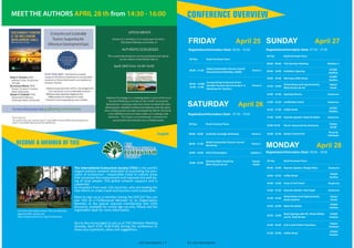 MEET THE AUTHORS APRIL 28 th from 14:30 - 16:00 
BECOME A MEMBER OF TIES 
The InternaƟ onal Ecotourism Society (TIES) is the world’s 
largest industry network dedicated to promoƟ ng the prin-ciples 
of ecotourism - responsible travel to natural areas 
that conserves the environment and improves the well-be-ing 
of local people. TIES global network supports and is 
supported 
by members from over 120 countries, who are leading the 
vital eff orts to make travel and tourism more sustainable. 
Want to sign up as a member during the ESTC14? You can 
join TIES as a Professional Member or an OrganizaƟ on 
Member at the special reduced membership rate (25% 
discount), available for onsite sign-up only. Please see the 
registraƟ on desk for more informaƟ on. 
You’re also encouraged to join us at TIES Member MeeƟ ng 
(Sunday, April 27th, 8:00-9:00) during the conference to 
share your quesƟ ons, ideas and suggesƟ ons. 
For more informaƟ on about TIES membership 
opportuniƟ es, please see: 
hƩ p://www.ecotourism.org/membership. 
English 
ESTC 2014 BONITO | 7 
CONFERENCE OVERVIEW 
FRIDAY April 25 
Registration/Information Desk: 08:00 - 14:30 
All Day Brazil EcoTravel Tours 
08:30 - 17:30 Global Sustainable Tourism Council 
Annual General MeeƟ ng (AGM) Terena 1 
08:30 - 12:00/ 
13:30 - 17:00 
IncorporaƟ ng Ecotourism & Sus-tainable 
Tourism into Curriculum: A 
Workshop for Teachers 
Terena 2 
SATURDAY April 26 
Registration/Information Desk: 07:30 - 18:00 
All Day Brazil Ecotravel Tours 
08:00 - 18:00 AuthenƟ c Ecolodge Workshop Terena 2 
08:30 - 17:30 Global Sustainable Tourism Council 
Workshop Terena 1 
18:00 - 19:00 ESTC14 OrientaƟ on Kadwéu 1 
19:00 - 22:00 Opening Night Hosted by 
Mato Grosso do Sul 
Espaço 
Guató 
SUNDAY April 27 
All Day Brazil Ecotravel Tours 
08:00 - 09:00 TIES Member MeeƟ ng MulƟ uso 1 
09:00 - 18:00 ExhibiƟ on Opening Exhibit 
Pavillion 
10:00 - 10:30 Morning Coff ee Break Exhibit 
Pavilion 
12:30 - 14:00 Networking Lunch Sponsored by 
Mato Grosso do Sul 
Espaço 
Guató 
14:00 - 15:00 Opening Plenary Guaicurus 
15:00 - 16:30 CerƟ fi caƟ on Panel Guaicurus 
16:30 - 17:00 Coff ee Break Exhibit 
Pavilion 
17:00 - 18:00 Keynote Speaker: Roberto Klabin Guaicurus 
18:00-19:30 Dinner Sponsored by Amazonas Espaço 
Guató 
18:00 - 22:00 Bonito Cultural Fair Praça da 
Liberdade 
MONDAY April 28 
Registration/Information Desk: 08:00 - 18:00 
All Day Brazil Ecotravel Tours 
09:00 - 10:00 Keynote Speaker: Margie Moss Guaicurus 
10:00 - 10:30 Coff ee Break Exhibit 
Pavilion 
10:30 - 12:00 Parks in Peril Panel Guaicurus 
12:00 - 12:30 Keynote Speaker: Seth Kugel Guaicurus 
12:30 - 14:30 Networking Lunch Sponsored by 
Santa Catarina 
Espaço 
Guató 
14:30 - 16:00 Meet the Media Exhibit 
Pavilion 
14:30 - 16:00 Book Signings with Mr. Hitesh Mehta 
and Dr. Kelly Bricker 
Exhibit 
Pavilion 
14:30 - 16:00 Q & A with Poster Presenters Espaço 
Pantanal 
15:30 - 16:00 Coff ee Break Exhibit 
Pavilion 
Registration/Information Desk: 07:30 - 17:30 
8 | ESTC 2014 BONITO 
 