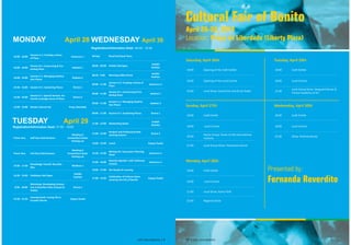 MONDAY April 28 
16:00 - 18:00 Session A-1: CreaƟ ng a Sense 
of Place Guaicurus 1 
16:00 - 18:00 Session B-1: Conserving & Pro-tec 
Ɵ ng Place Kadweú 1 
16:00 - 18:00 Session C-1: Managing DesƟ na- 
Ɵ on Places Kadweú 2 
14:30 - 16:00 Session D-1: Sustaining Places Terena 1 
14:30 - 16:00 Session E-1: Special Session: Au-then 
Ɵ c Ecolodge Sense of Place Terena 2 
15:00 - 16:00 Bonito Cultural Fair Praça Liberdade 
WEDNESDAY April 30 
Registration/Information Desk: 08:30 - 15:30 
All Day Brazil EcoTravel Tours 
08:00 - 09:00 Exhibit Hall Open Exhibit 
Pavilion 
08:30 - 9:00 Morning Coff ee Break Exhibit 
Pavilion 
09:00 - 11:00 Session A-2: CreaƟ ng a Sense of 
Place Guaicurus 1 
09:00 - 11:00 Session B-1: Conserving & Pro-tec 
Ɵ ng Place Kadweú 1 
09:00 - 11:00 Session C-1: Managing DesƟ na- 
Ɵ on Places Kadweú 2 
09:00 - 11:00 Session D-1: Sustaining Places Terena 1 
11:00 - 12:00 Networking Break Exhibit 
Pavilion 
11:00 - 12:00 Student and Professional Net-working 
Session Terena 2 
12:00 - 13:30 Lunch Espaço Guató 
13:30 - 15:00 Moving On: Succession Planning 
Panel Guaicurus 1 
15:00 - 16:00 Keynote Speaker: Lelei TuiSamoa 
LeLaulu Guaicurus 1 
16:00 - 17:00 Get Ready for evening 
17:00 - 19:30 CelebraƟ on of Cultures Spon-sored 
by the City of Bonito Espaço Guató 
TUESDAY April 29 
Registration/Information Desk: 07:00 - 19:00 
Times Vary Half Day Field Sessions 
MeeƟ ng in 
ConvenƟ on Center 
Parking Lot 
Times Vary Full Day Field Sessions 
MeeƟ ng in 
ConvenƟ on Center 
Parking Lot 
14:30 - 17:30 Knowledge Transfer Roundta-bles 
MulƟ uso 1 
14:30 - 19:00 ExhibiƟ on Hall Open Exhibit 
Pavilion 
8:30 - 18:00 
Workshop: Developing Ecotour-ism 
in Brazilian CiƟ es (Closed to 
Public) 
Terena 1 
19:30 - 22:30 Evening Event: Loving Life in 
Ecuador Dinner Espaço Guató 
ESTC 2014 BONITO | 9 
Cultural Fair of Bonito 
April 26-30, 2014 
Location: Praça da Liberdade (Liberty Plaza) 
Saturday, April 26th 
18:00 Opening of the CraŌ Exhibit 
18:00 Opening of the Local Cuisine 
22:00 Local Show: Gauchinho and Zé do Prado 
Sunday, April 27th 
18:00 CraŌ Exhibit 
18:00 Local Cuisine 
20:00 Dance Group: Vision of Life InternaƟ onal 
InsƟ tute 
21:00 Local Group Show: Pantaneiro Sound 
Monday, April 28th 
18:00 CraŌ Exhibit 
18:00 Local Cuisine 
21:00 Local Show: Kuery Porã 
22:00 Regional Show 
Tuesday, April 29th 
18:00 CraŌ Exhibit 
18:00 Local Cuisine 
21:00 Local Group Show: Vanguard Dance & 
Fitness Academy of Art 
Wednesday, April 30th 
18:00 CraŌ Exhibit 
18:00 Local Cuisine 
21:00 Show: Sinfonia Bonito 
Presented by: 
Fernanda Reverdito 
10 | ESTC 2014 BONITO 
 