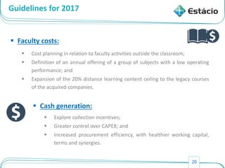 20
Guidelines for 2017
 Faculty costs:
 Cost planning in relation to faculty activities outside the classroom;
 Definition of an annual offering of a group of subjects with a low operating
performance; and
 Expansion of the 20% distance learning content ceiling to the legacy courses
of the acquired companies.
 Cash generation:
 Explore collection incentives;
 Greater control over CAPEX; and
 Increased procurement efficiency, with healthier working capital,
terms and synergies.
 