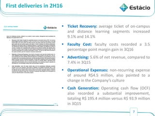 7
First deliveries in 2H16
 Ticket Recovery: average ticket of on-campus
and distance learning segments increased
9.1% and 14.1%
 Faculty Cost: faculty costs recorded a 3.5
percentage point margin gain in 3Q16
 Advertising: 5.6% of net revenue, compared to
7.4% in 3Q15
 Operational Expenses: non-recurring expense
of around R$4.5 million, also pointed to a
change in the Company’s culture
 Cash Generation: Operating cash flow (OCF)
also recorded a substantial improvement,
totaling R$ 195.4 million versus R$ 93.9 million
in 3Q15
 