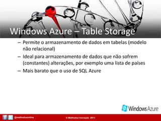 Windows Azure – Table StoragePermite o armazenamento de dados em tabelas (modelo não relacional)Ideal para armazenamento de dados que não sofrem (constantes) alterações, por exemplo uma lista de paísesMais barato que o uso de SQL Azure