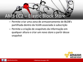 AMS EC2 – Elastic Block StorePermite criar uma zona de armazenamento de BLOB’s partilhada dentro da VLAN associada à subscriçãoPermite a criação de snapshots da informação em qualquer altura e criar um novo store a partir desse snapshot