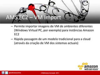 AMS EC2 – VM ImportPermite importar imagens de VM de ambientes diferentes (Windows Virtual PC, por exemplo) para instâncias Amazon EC2Rápida passagem de um modelo tradicional para a cloud (através da criação de VM dos sistemas actuais)