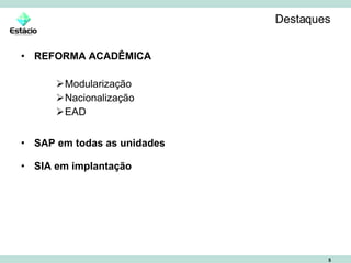 Destaques REFORMA ACADÊMICA Modularização Nacionalização EAD SAP em todas as unidades SIA em implantação 