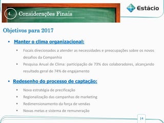 14
 Manter o clima organizacional:
 Focais direcionados a atender as necessidades e preocupações sobre os novos
desafios da Companhia
 Pesquisa Anual de Clima: participação de 73% dos colaboradores, alcançando
resultado geral de 74% de engajamento
 Redesenho do processo de captação:
 Nova estratégia de precificação
 Regionalização das campanhas de marketing
 Redimensionamento da força de vendas
 Novas metas e sistema de remuneração
4. Considerações Finais
Objetivos para 2017
 