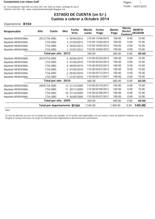 Condominio Los Inkas Golf
ESTADO DE CUENTA (en S/.)
Cuotas a cobrar a Octubre 2014
Fecha : 14/07/2015Av. Circunvalación Club Golf Los Incas 292, Urb. Golf Los Inkas, Santiago de Surco.
Teléfono 4361250, URL: www.condominiolosinkasgolf.blogspot.com
Página : 1
B104Departamento :
AñoResponsable
Fecha
Vcto.
MONTO
DEUDOR
Cuota Mes
Monto
cuota
Monto
Pago
Monto
Dscto/
Exonera
Fecha
Pago
2012CTA.ORD. 4Alquilado MENDIZABAL 30/04/2012 10.0013/06/2012 0.00100.00110.00
CTA.ORD. 3Alquilado MENDIZABAL 31/03/2012 10.0013/06/2012 0.00100.00110.00
CTA.ORD. 2Alquilado MENDIZABAL 29/02/2012 10.0010/05/2012 0.00100.00110.00
CTA.ORD. 1Alquilado MENDIZABAL 31/01/2012 10.0010/05/2012 0.00100.00110.00
40.00Total por año 2012 0.00400.00440.00
2010CTA.ORD. 6Alquilado MENDIZABAL 30/06/2010 10.0005/04/2012 0.00100.00110.00
CTA.ORD. 5Alquilado MENDIZABAL 31/05/2010 10.0005/03/2012 0.00100.00110.00
CTA.ORD. 4Alquilado MENDIZABAL 30/04/2010 10.0005/02/2012 0.00100.00110.00
CTA.ORD. 3Alquilado MENDIZABAL 31/03/2010 10.0005/01/2012 0.00100.00110.00
CTA.ORD. 2Alquilado MENDIZABAL 28/02/2010 10.0005/12/2011 0.00100.00110.00
CTA.ORD. 1Alquilado MENDIZABAL 31/01/2010 10.0005/11/2011 0.00100.00110.00
60.00Total por año 2010 0.00600.00660.00
2009CTA.ORD. 12Alquilado MENDIZABAL 31/12/2009 10.0005/10/2011 0.00100.00110.00
CTA.ORD. 11Alquilado MENDIZABAL 30/11/2009 10.0005/09/2011 0.00100.00110.00
CTA.ORD. 10Alquilado MENDIZABAL 31/10/2009 10.0002/08/2011 0.00100.00110.00
CTA.ORD. 9Alquilado MENDIZABAL 30/09/2009 10.0005/07/2011 0.00100.00110.00
40.00Total por año 2009 0.00400.00440.00
Total por departamento 140.00B104
Nota:
En caso de detectar un error en su estado de cuenta, por ejemplo: en el nombre del responsable o en sus montos, favor de indicarlo mediante una carta
dirigida al Consejo Directivo con cargo a la Administración adjuntando la documentación sustentatoria.
0.001,400.001,540.00
 