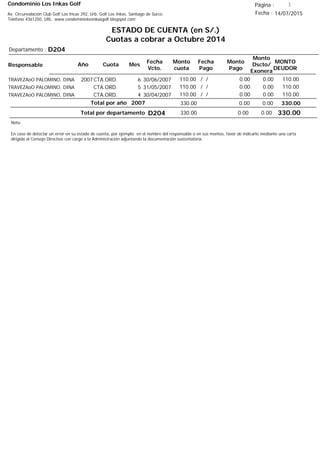 Condominio Los Inkas Golf
ESTADO DE CUENTA (en S/.)
Cuotas a cobrar a Octubre 2014
Fecha : 14/07/2015Av. Circunvalación Club Golf Los Incas 292, Urb. Golf Los Inkas, Santiago de Surco.
Teléfono 4361250, URL: www.condominiolosinkasgolf.blogspot.com
Página : 1
D204Departamento :
AñoResponsable
Fecha
Vcto.
MONTO
DEUDOR
Cuota Mes
Monto
cuota
Monto
Pago
Monto
Dscto/
Exonera
Fecha
Pago
2007CTA.ORD. 6TRAVEZAoO PALOMINO, DINA 30/06/2007 110.00/ / 0.000.00110.00
CTA.ORD. 5TRAVEZAoO PALOMINO, DINA 31/05/2007 110.00/ / 0.000.00110.00
CTA.ORD. 4TRAVEZAoO PALOMINO, DINA 30/04/2007 110.00/ / 0.000.00110.00
330.00Total por año 2007 0.000.00330.00
Total por departamento 330.00D204
Nota:
En caso de detectar un error en su estado de cuenta, por ejemplo: en el nombre del responsable o en sus montos, favor de indicarlo mediante una carta
dirigida al Consejo Directivo con cargo a la Administración adjuntando la documentación sustentatoria.
0.000.00330.00
 